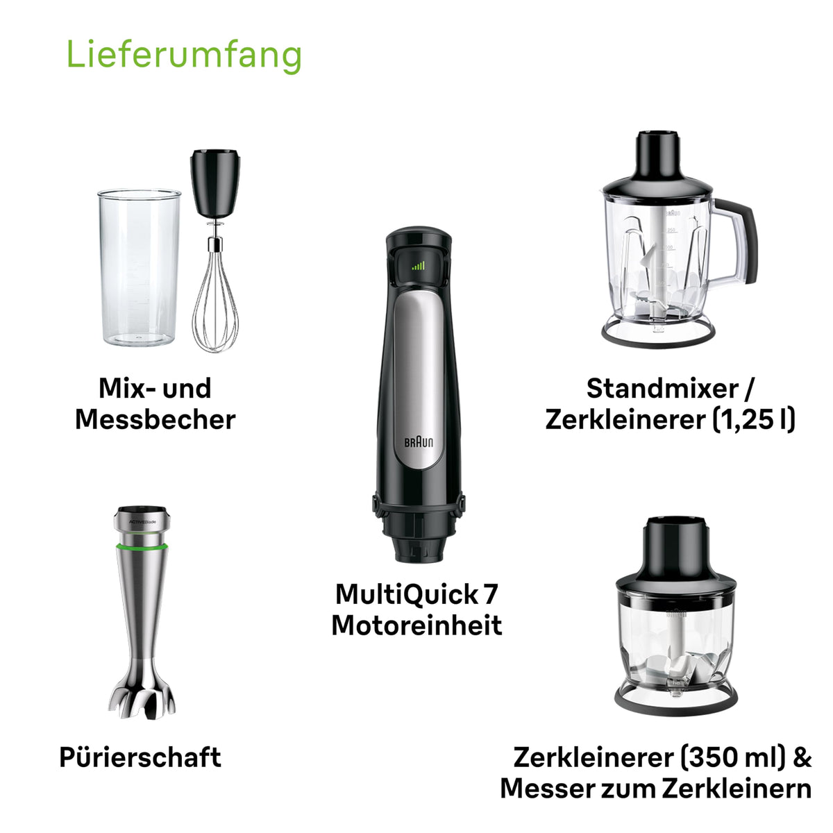 Braun MultiQuick 7 MQ 7045X Hand Blender - Immersion blender with detachable stainless steel mixing foot featuring ActiveBlade technology for pureeing the toughest ingredients, including a 4-piece accessory set, 1000 watts, black. - MQ7045X