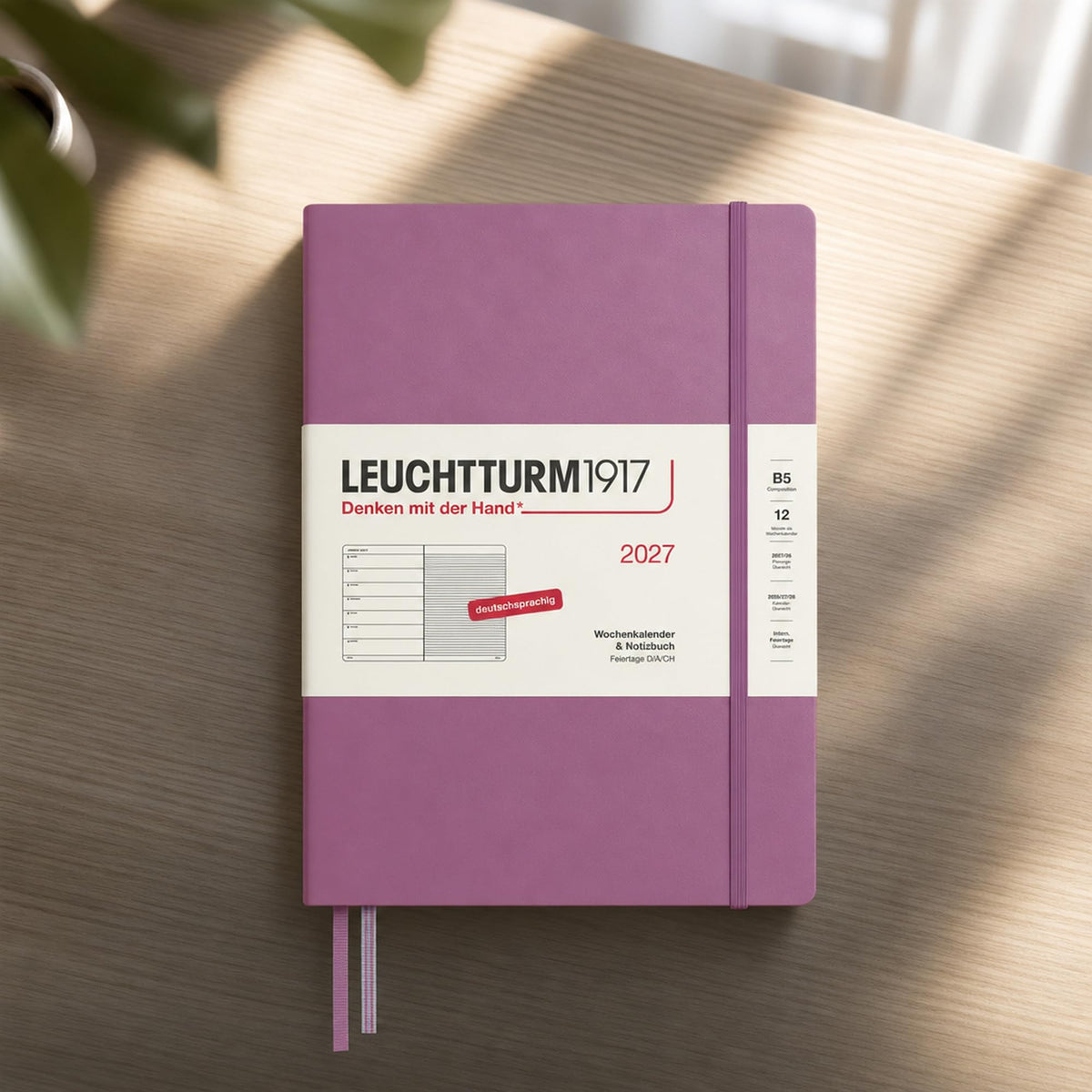 LEUCHTTURM1917 calendar săptămânal 2027 Compoziție (B5) cu caiet - planificator german de întâlniri, Dusty Rose, ianuarie-decembrie 2027, prezentare săptămânală în stânga + pagina de note în dreapta - 400039