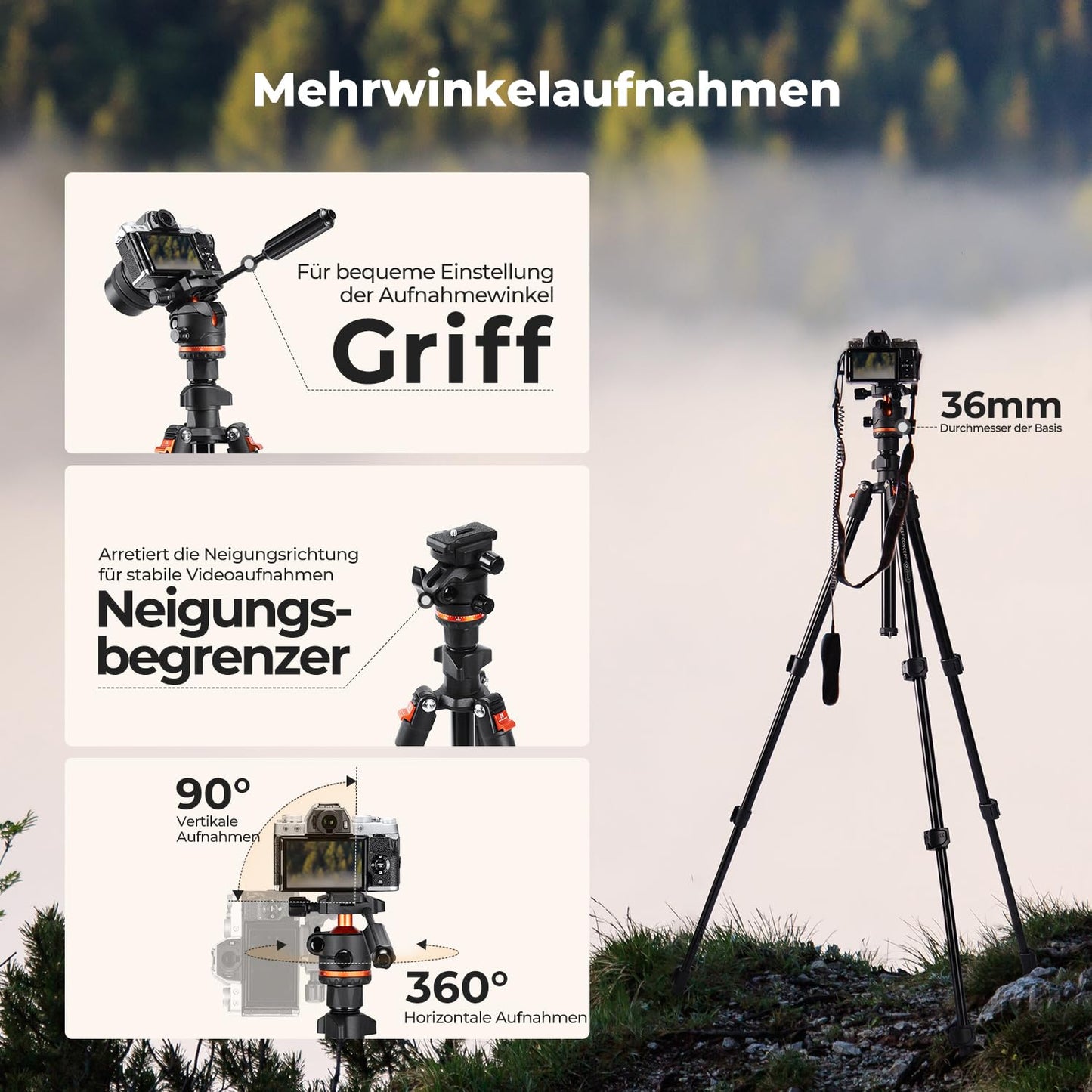 K&F CONCEPT Black 182CM Compact Aluminum Camera Tripod, Portable Travel Video Tripod, Compatible with iPhone, Load Capacity 8KG, Arca-Swiss Ball Head for DSLR and Mirrorless Cameras O234A3+BH-36