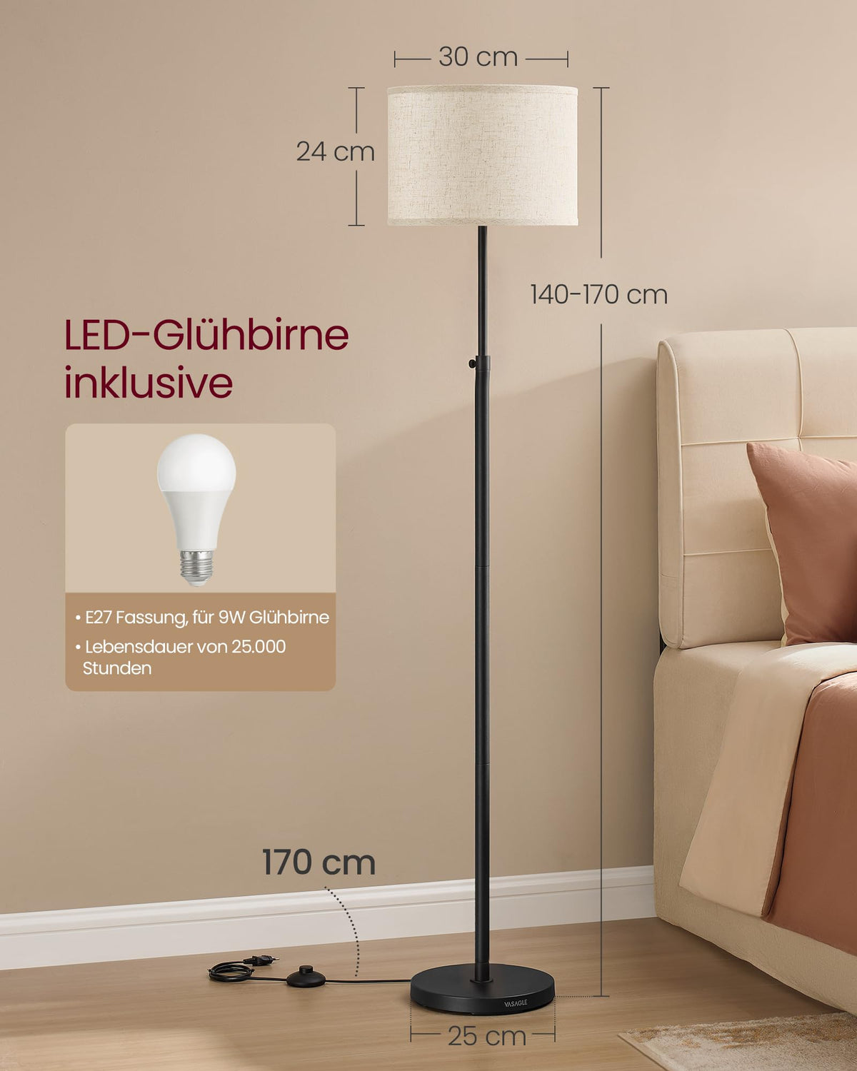 VASAGLE lampă de podea pentru living, lampă de citit ajustabilă în înălțime 140-170 cm - LFL002BH02