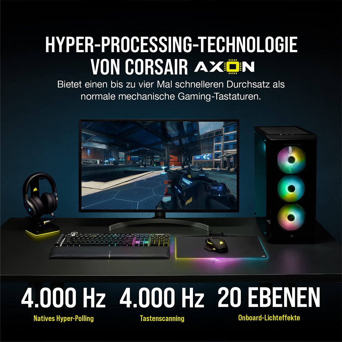 CORSAIR K100 RGB Optical-Mechanical Wired Gaming Keyboard - OPX Linear Switches - PBT Double-Shot Keycaps - Compatible with Elgato Stream Deck & iCUE - PC, Mac, Xbox - QWERTZ DE - Black - CH-912A01A-DE