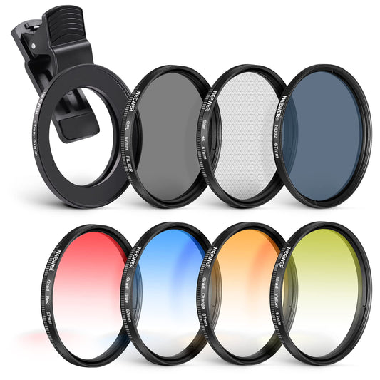 Set de filtre ND+CPL+Efect NEEWER 67mm cu clemă pentru lentile pentru telefonul mobil, filtru polarizant ND32, filtru stea în 6 puncte 4 filtre de culoare gradate Compatibil cu iPhone 16 15 Pro Max 13 12 X Xs Samsung Huawei - 10102173