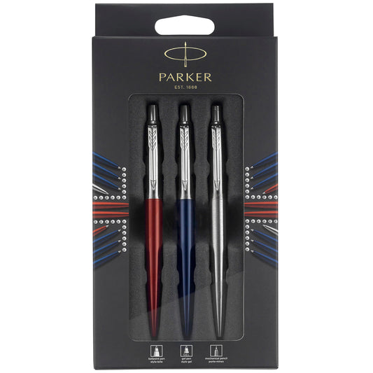 Parker Jotter London Trio Discovery Pack: Ballpoint Pen (Royal Blue) | Gel Pens (Red Kensington) & Mechanical Pencil (Stainless Steel) - 2032740