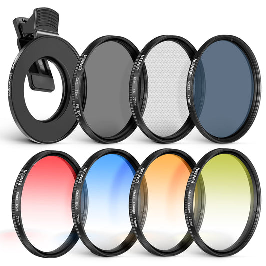 NEEWER 77 mm lens filter set with mobile phone lens clip, CPL + ND32 + star + 4 graduated color filters compatible with iPhone 17, 16, 16e, 15, 14 Pro Max, Canon, Nikon and Sony cameras - 10101535