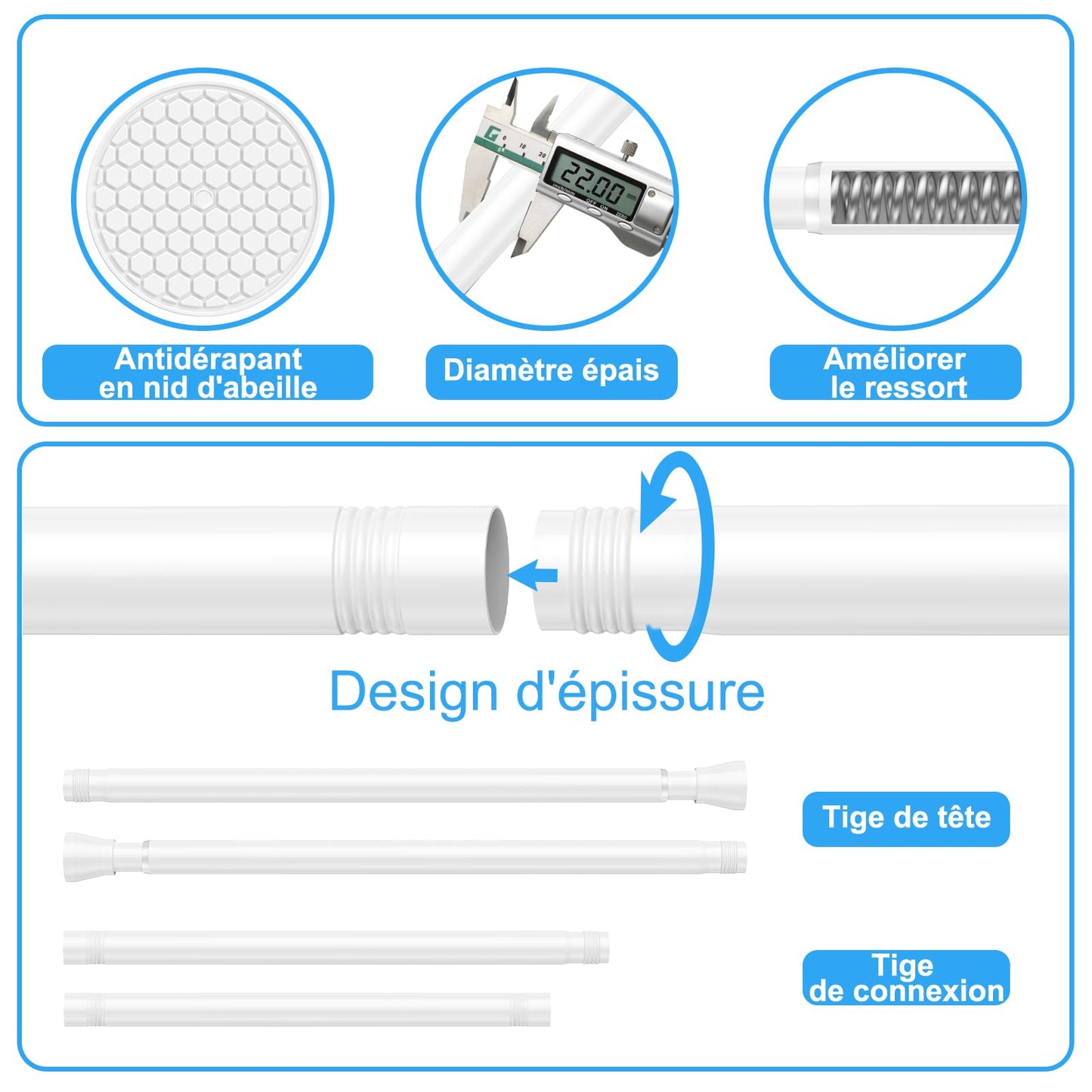 ZipGlo shower curtain rod 115-195cm extendable for bathroom window wardrobe without drilling white 1 piece diameter 22mm - 110-190CM