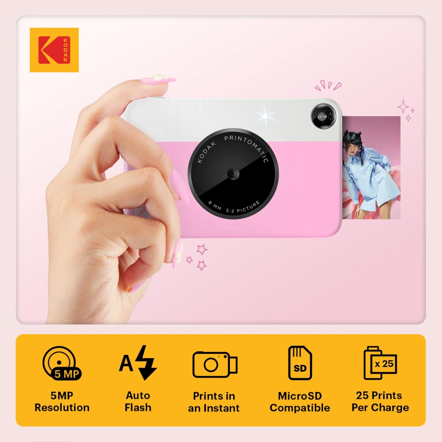 Kodak Printomatic Instant Camera – 75 Sheet Package – 5MP – Zinc 2x3 Photos – Portable – Pink - AMZNBRODMATPK