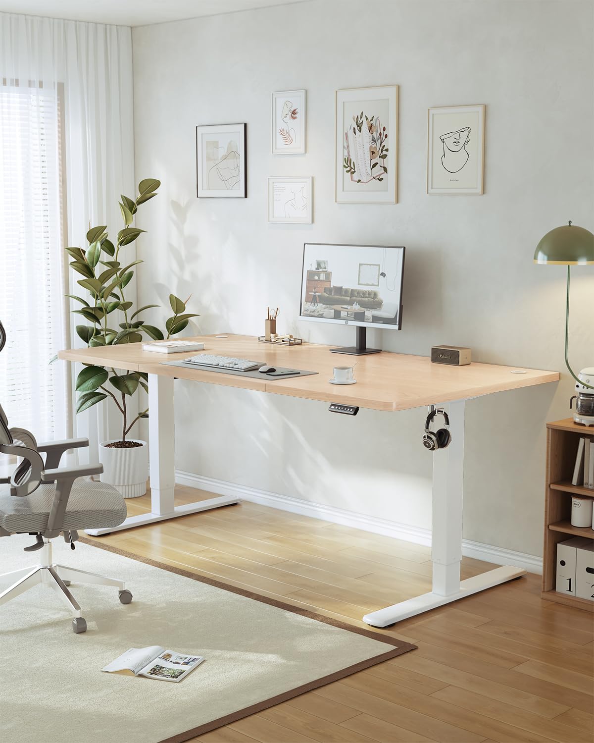 JUMMICO Birou reglabil pe înălțime cu port de încărcare USB, birou electric reglabil pe înălțime 180 x 80 cm, masă de stat-șezut, birou reglabil, masă de calculator reglabilă, birou reglabil, bej - 0403