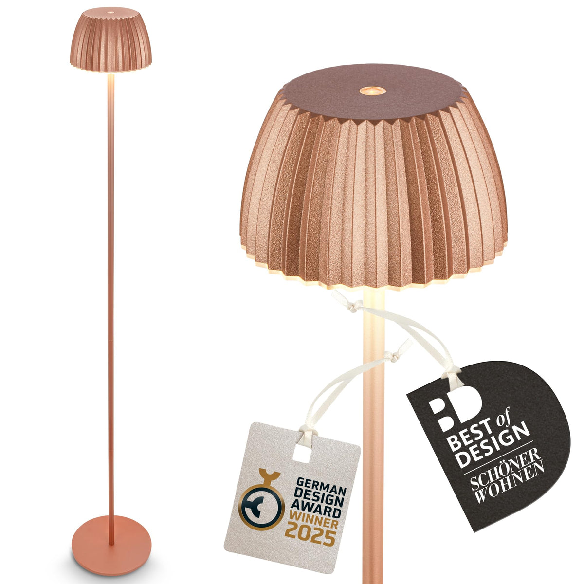 BRILONER - Riffle LED floor lamp wireless IP44 with touch, dimmable, memory function, replaceable battery, battery floor lamp, reading lamp, living room lamp, German Design Award Winner, 19x124 cm, copper color - 1238013
