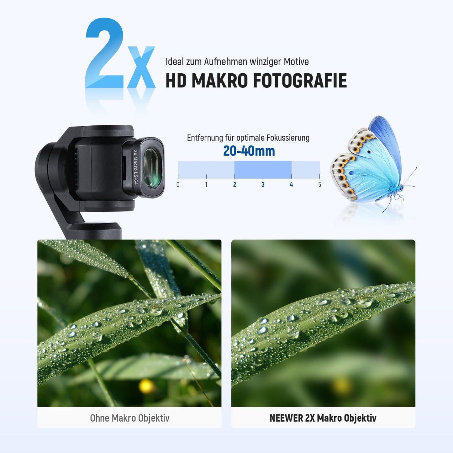 NEEWER 2x macro lens compatible with DJI Osmo Pocket 3 / Pocket 4 / Xtra Muse, HD macro lens with 3 lenses in 3 groups and magnetic attachment, do not stack filters, LS-64