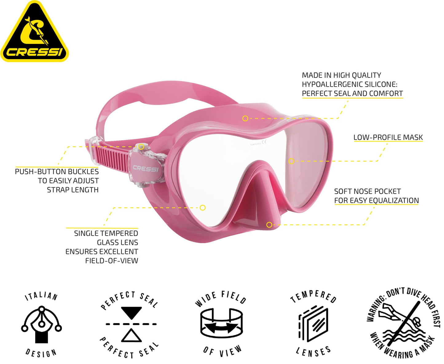 Cressi Frameless Diving Mask F1 - Fog-free Glass Lens, Diving Goggles - Ergonomic Silicone Rim, Snorkel Mask - Dry Snorkel & Snorkel Set - Pink - Mask - ZDN284000