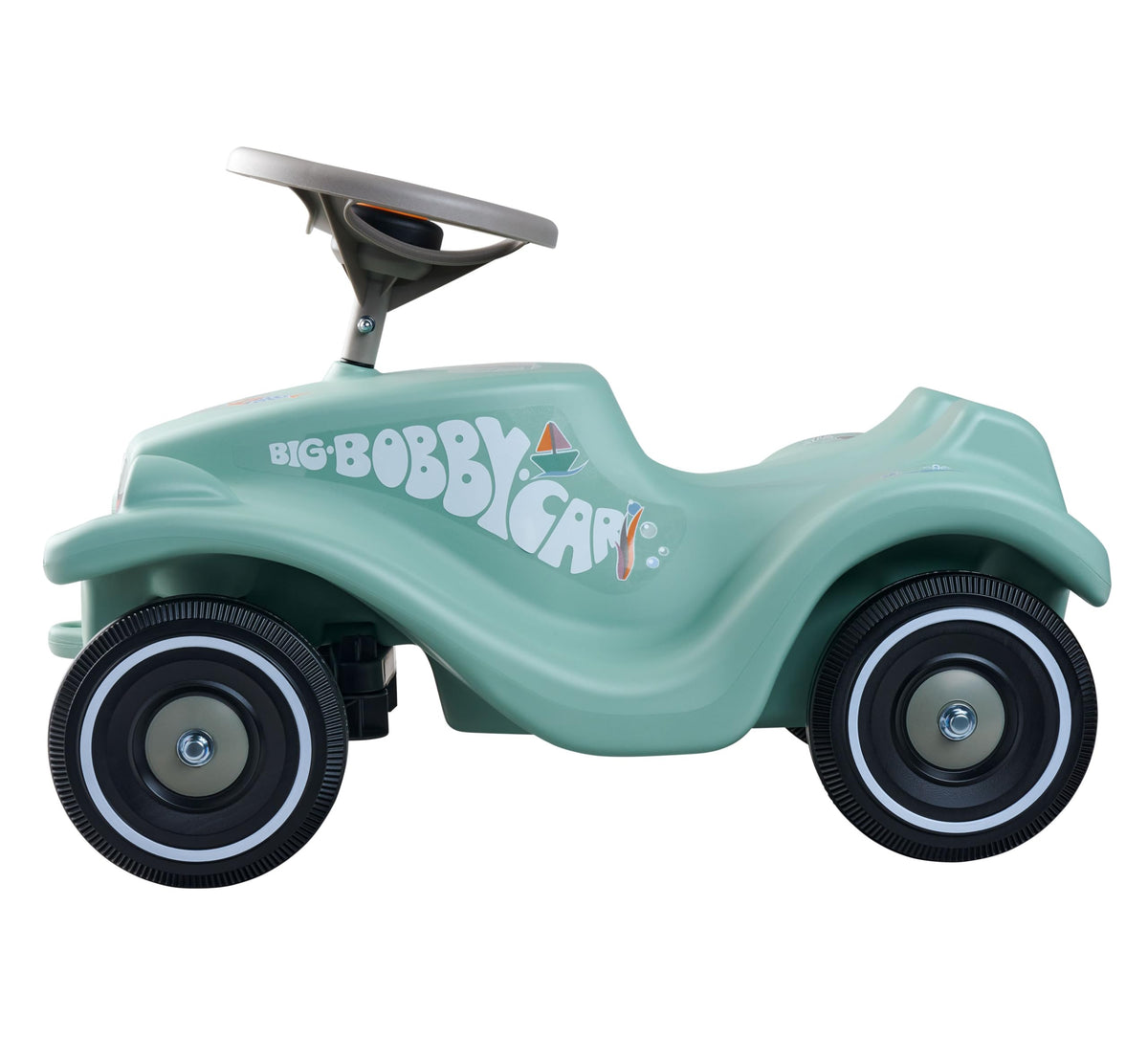Big Bobby Car Classic Green Sea - Ride-on car for children from 1 year old in a colorful sea design with a gray safety steering wheel and horn, suitable for kids aged 1-5 years (up to 50 kg), sage green with stickers. - 800056141