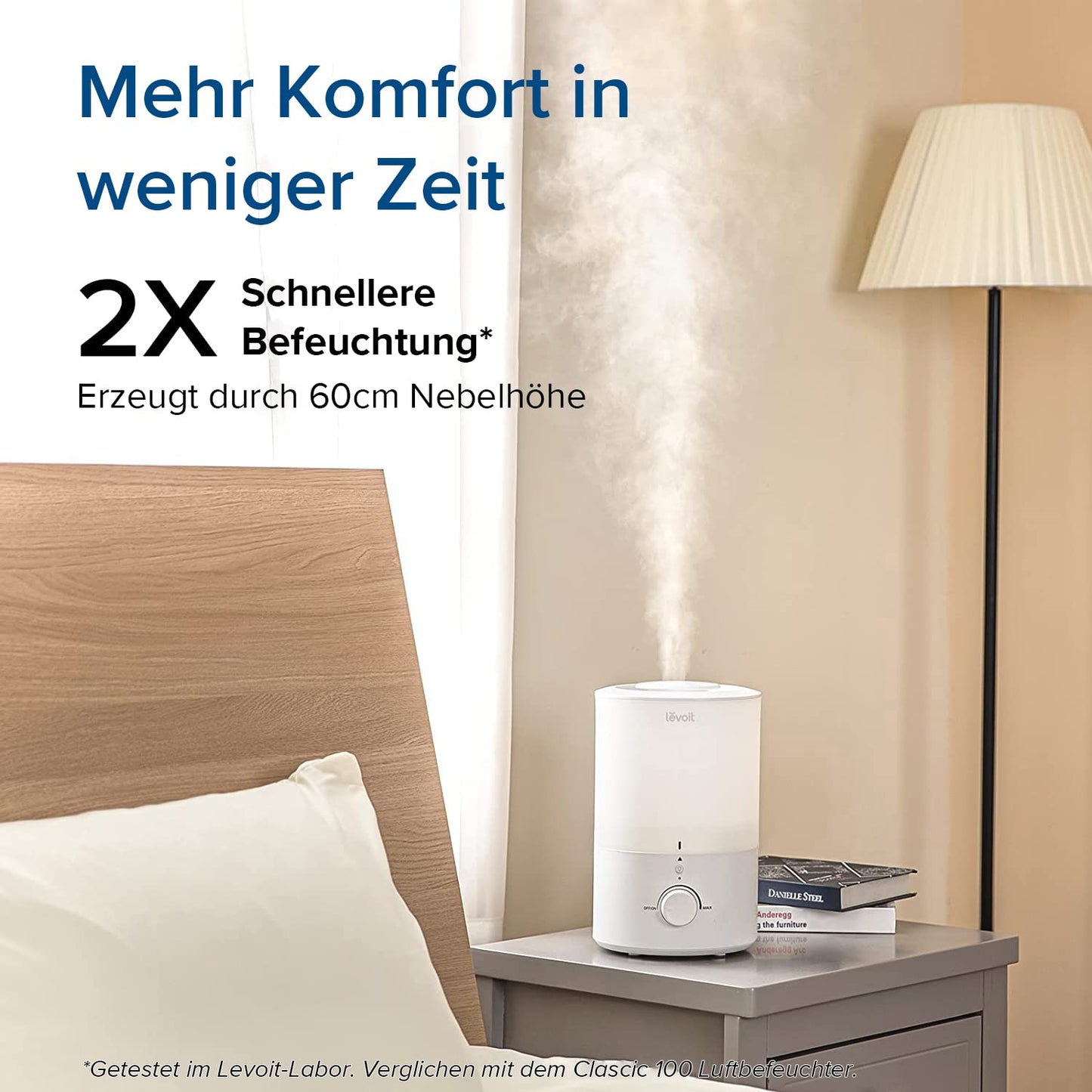 Levoit Humidifier Bedroom, Durable with Auto Shut-off, Cold Mist Ultrasonic with Top Fill, 25 dB Room Humidifier for Baby, Plants, up to 25H, 3 L, Warm White - LUH-D302-WUK