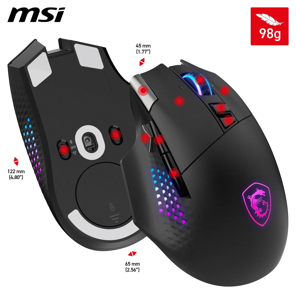 MSI Versa PRO Wireless + Mouse Dock PRO Gaming Mouse – Charging Station, 26000 DPI optical sensor, designed for right-handed users, 70 million clicks, 80 hours battery life, 97 g – wired/wireless - S12-4301370-CLA