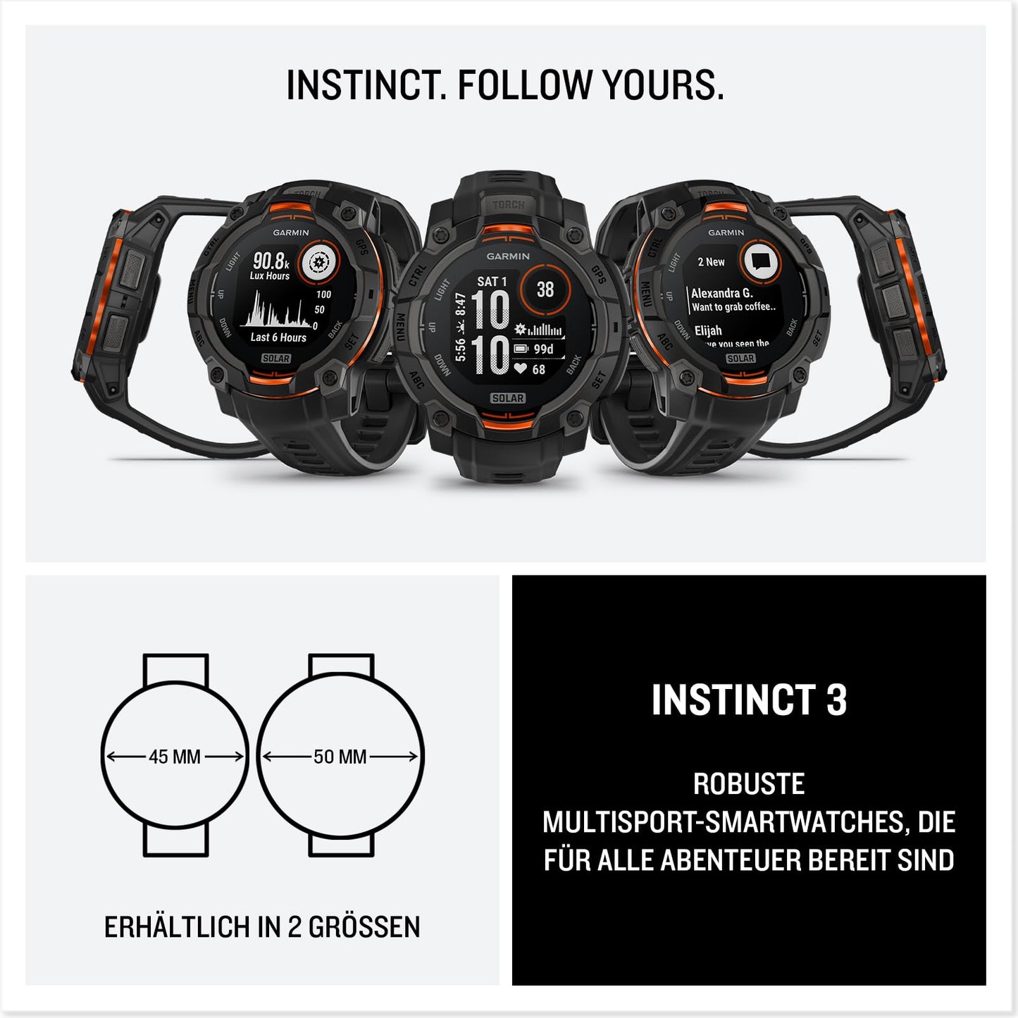 Garmin Instinct 3 45mm SOLAR - GPS multisport smartwatch, 0.9" display, up to 28 days battery life, 80+ sports apps, navigation function, smart features, LED flashlight, waterproof - 010-02934-00