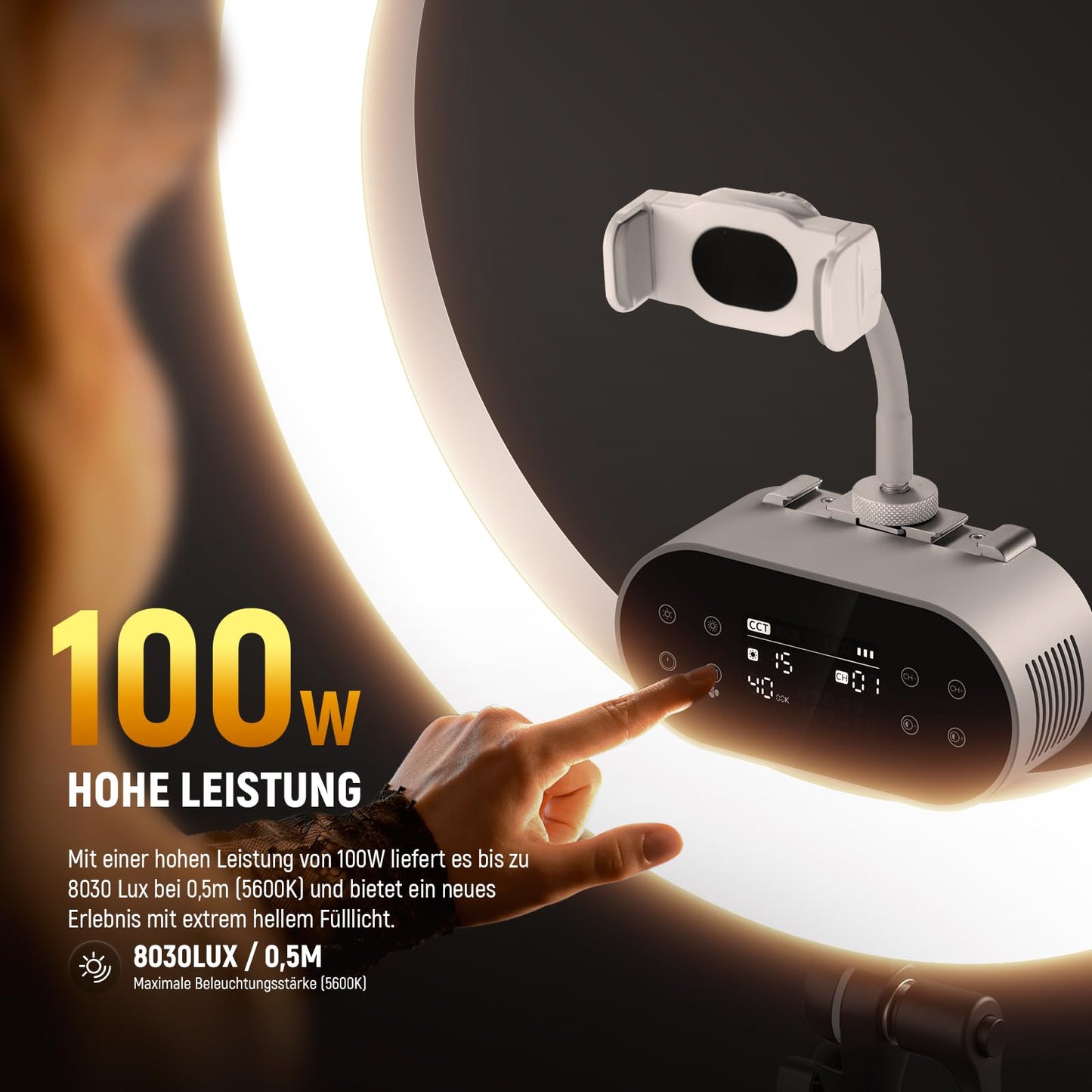 NEEWER 19" 100W High Power LED Ring Light with Tripod Stand & 3 Phone Holders Compatible with iPhone, 2900-7000K CRI97+ App & 2.4G Control Lighting for Selfie Video Makeup Streaming, RH100B - 10106380