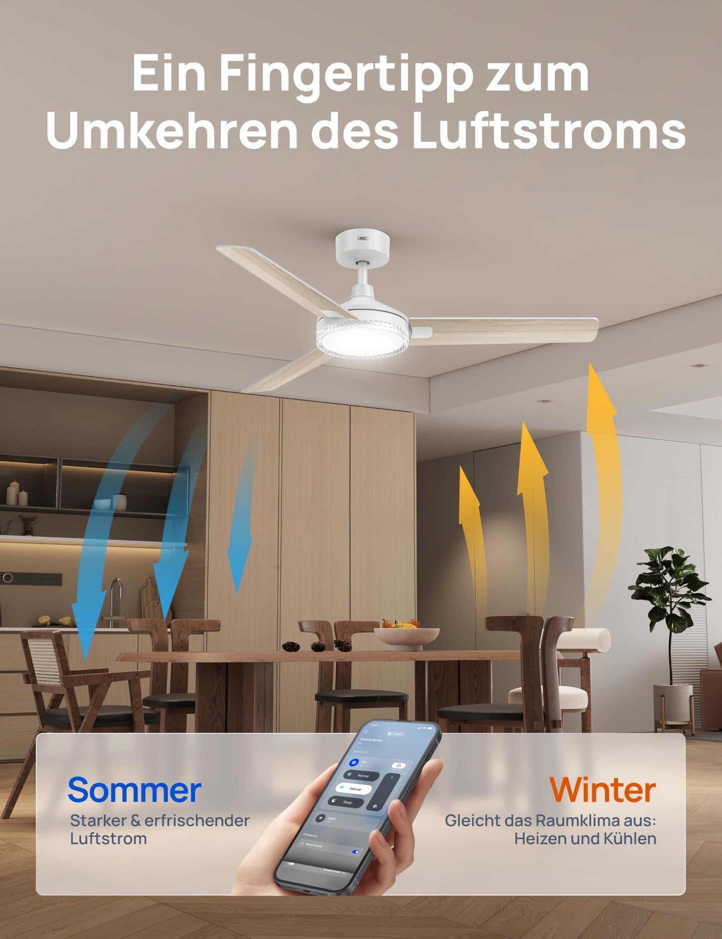 DREO Smart Ceiling Fan with Light, 52" 12 Speeds & 3 Modes, Continuous Color Temperature, Dimmable LED, 1-12 Hour Timer, Quiet DC Motor, App & Alexa Control, Wall Switch, White - DR-HCF004S