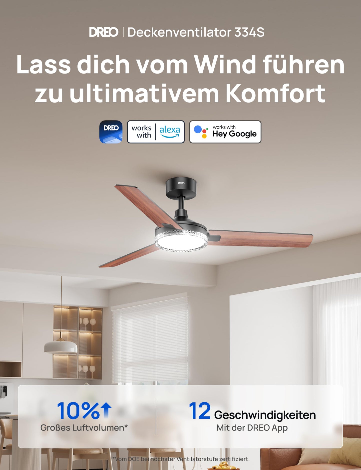 DREO Smart Ceiling Fan with Light, 132cm, 12 Speeds & 3 Modes, Continuous Color Temperature, Dimmable LED, 1-12 Hour Timer, Quiet DC Motor, App & Alexa Control, Wall Switch, Black - DR-HCF004S