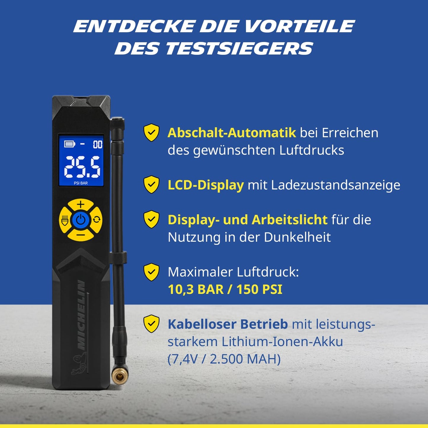 MICHELIN Air Power Mini 1 Li-ion battery mini compressor wireless - electric air pump 9.9 bar with digital display, auto stop & LED for cars, bicycles, e-bikes and motorcycles - 009528