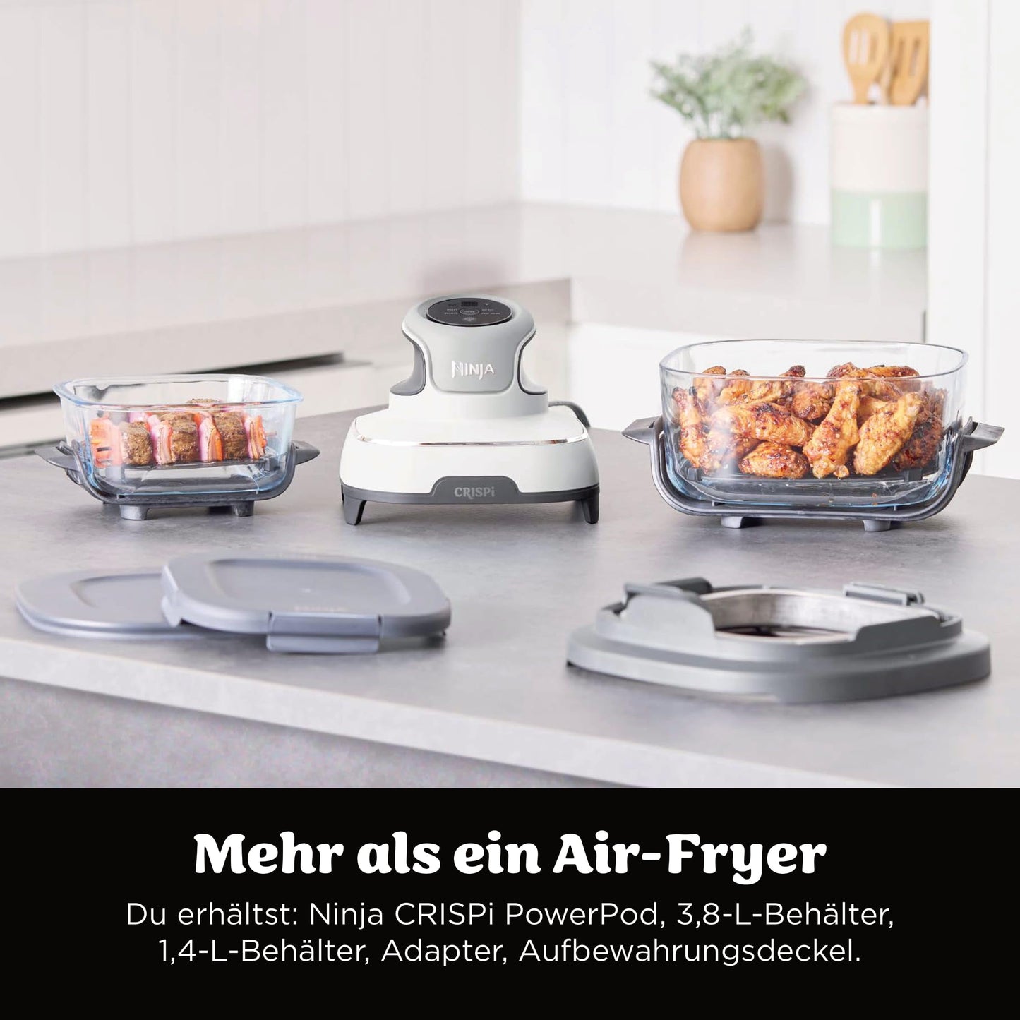 Ninja CRISPi Portable Air Fryer with Carry Bag, 3.8L & 1.4L, 4-in-1: Air Frying, Roasting, Crisping, Compact Design, 2 Removable Glass Containers & Lid, 1700W, White FN102EU