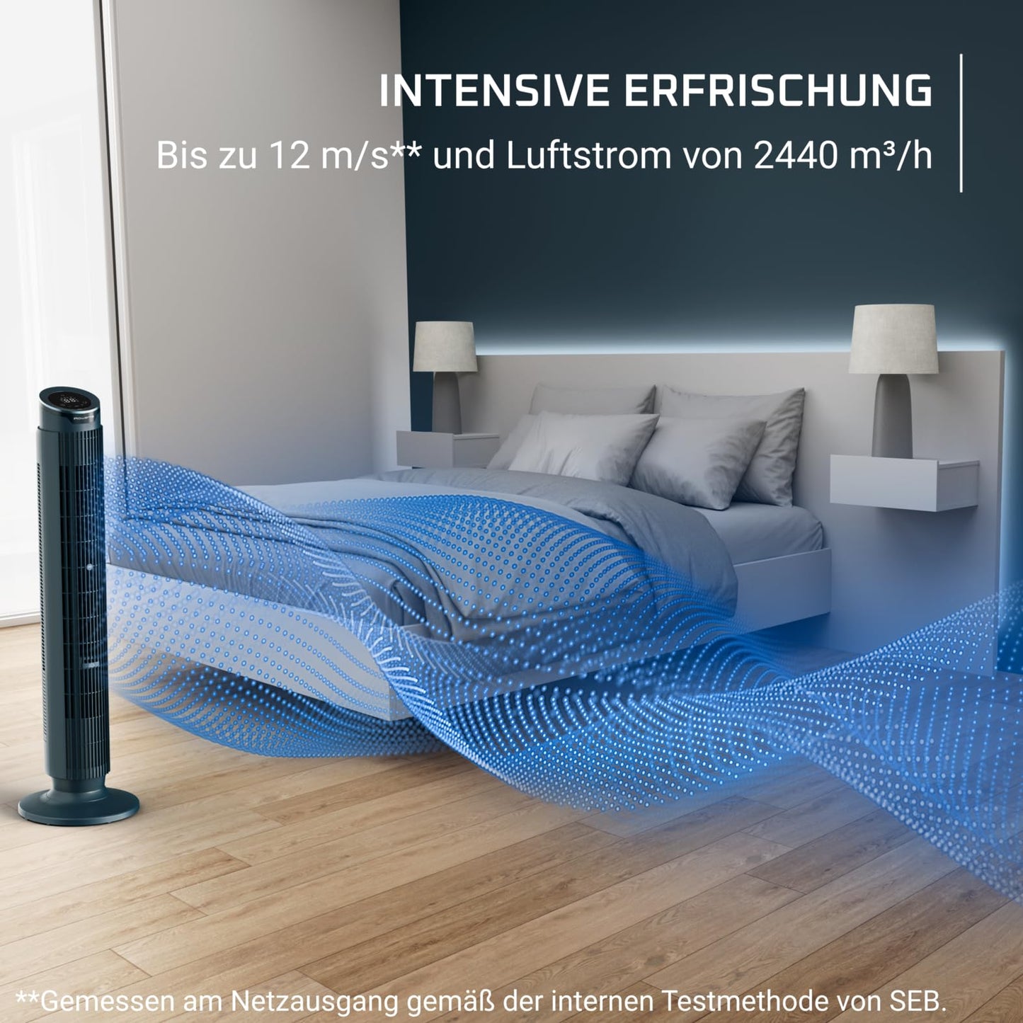 Rowenta Eole Silence Force Tower Fan, Powerful, Silent Mode, 12 Speed Levels, 5 Automatic Modes, Timer, 60-90° Panning, Remote Control, Dust Cover, Blue, VU7050F0