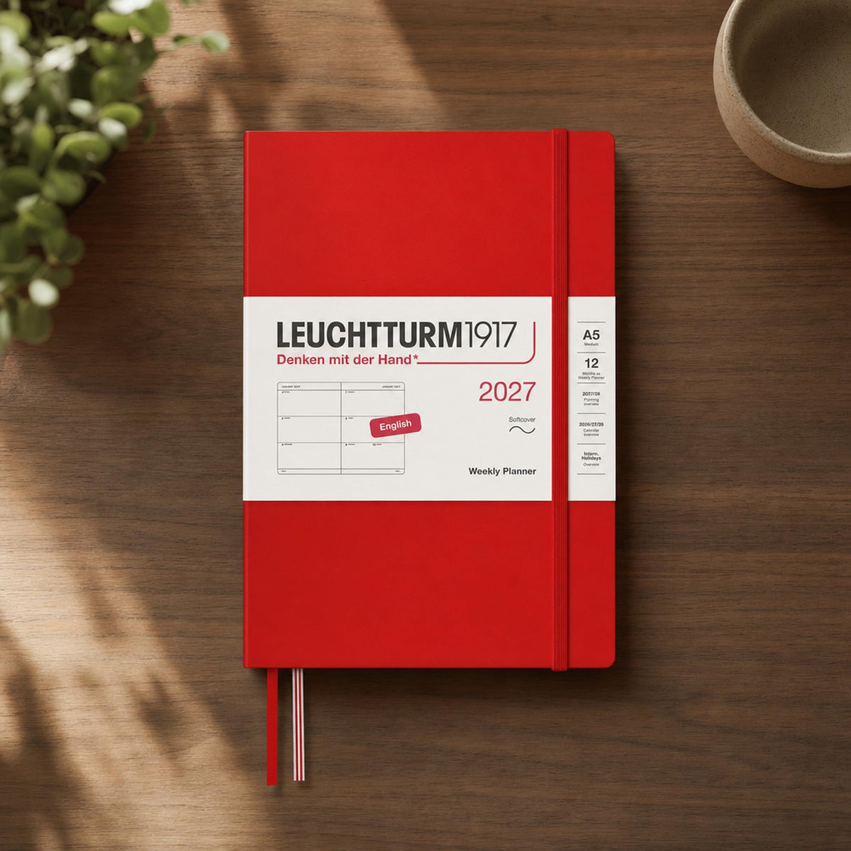 LEUCHTTURM1917 Calendar săptămânal 2027 Mediu (A5) - engleză, cireș, copertă moale, 145 x 210 mm, 12 luni - ianuarie-decembrie 2027, 1 săptămână pe pagină dublă, hârtie de 80 g/m² cu compatibilitate ridicată cu cerneală - 400295