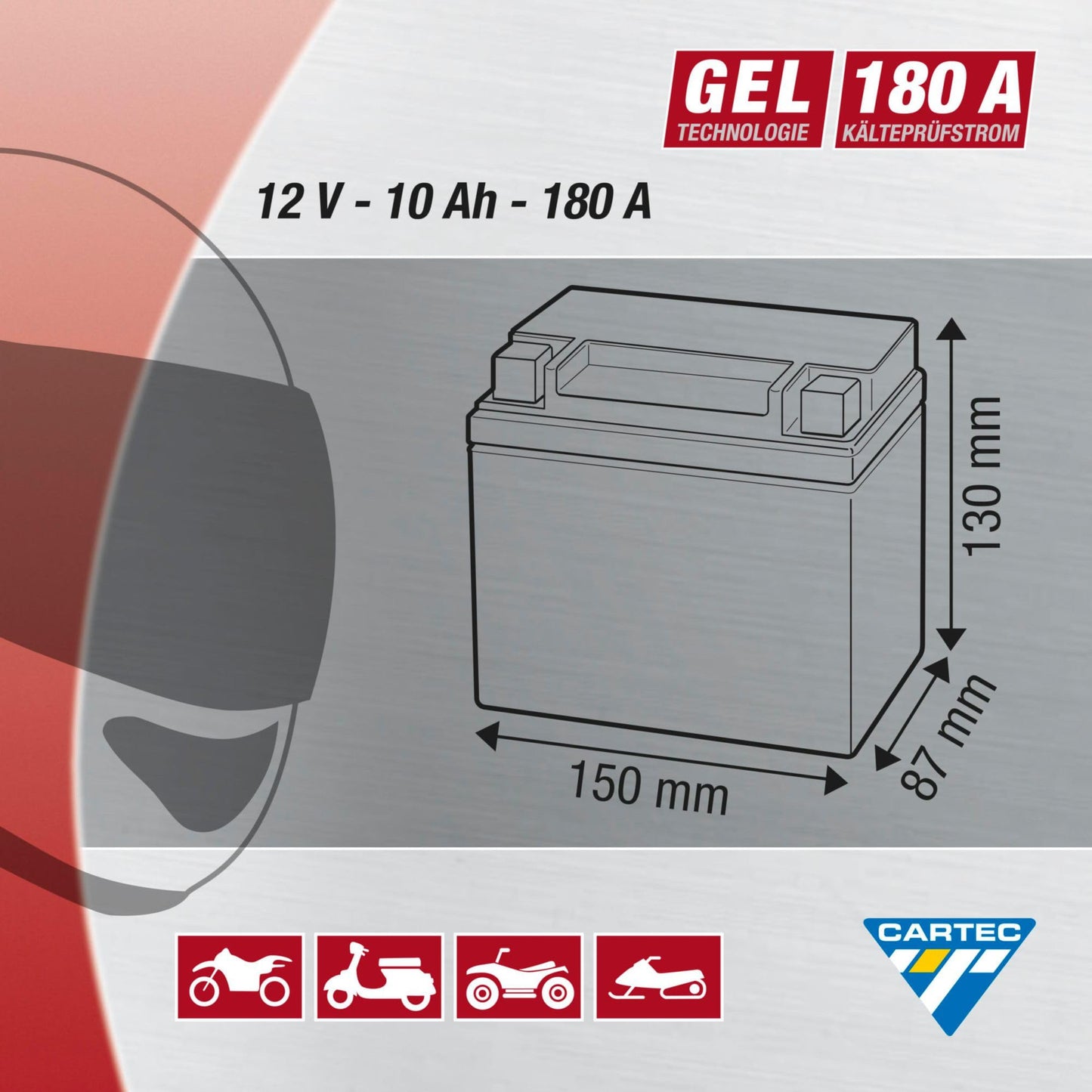 CARTEC motorcycle battery YTX12-BS 12Ah, 240A, gel technology motorcycle starter battery, original equipment manufacturer quality, cycle-proof, storable, maintenance-free, black - 11075