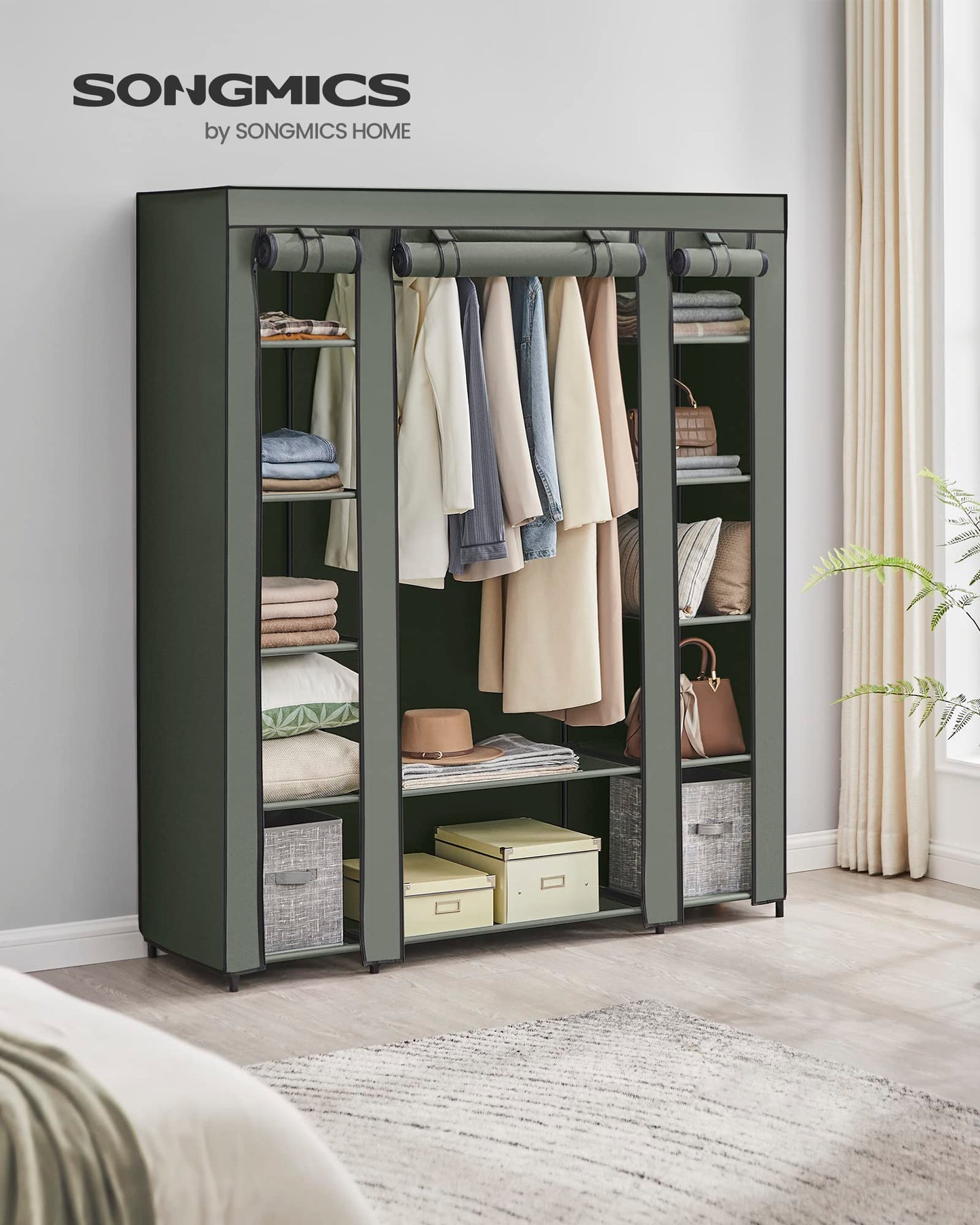 SONGMICS wardrobe, fabric wardrobe, with non-woven fabric cover, folding wardrobe with clothes rail, 45 x 150 x 175 cm, 12 shelves, metal frame, wardrobe for bedroom, sage green LSF003C02