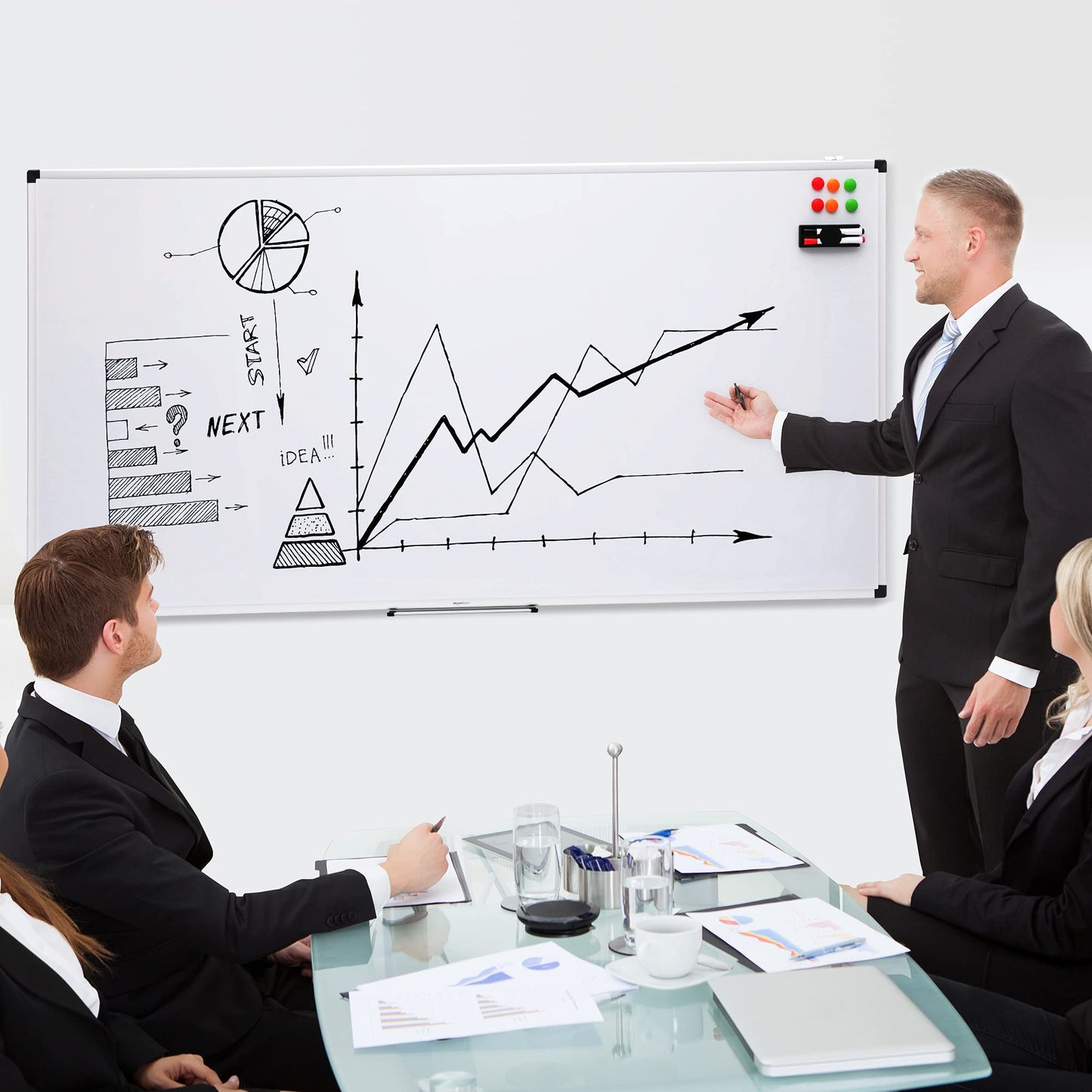 Amazon Basics magnetic whiteboard with aluminum frame, pen holder, 6 magnets, 1 eraser and 2 markers for office and home, wall mounting, dry wipeable, 240cm x 100cm - 1548964552