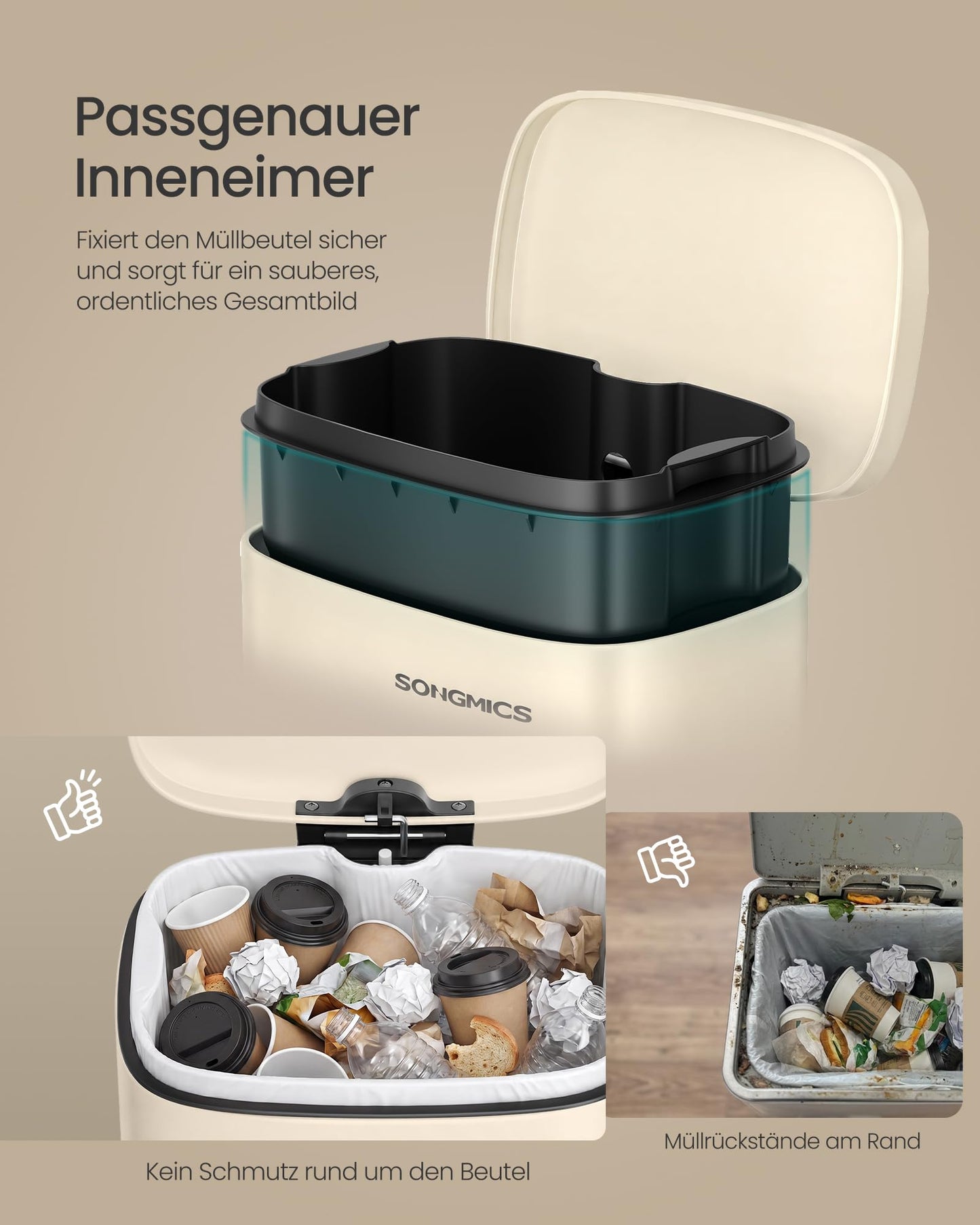 SONGMICS Trash Can, Pedal Trash Can Made of Steel, Trash Can with Lid and Inner Bucket, 12 L, 38.4 x 28.6 x 25.2 cm, Small Cosmetic Bin for Bathroom, Beige, PLUSHIC Collection LTB112LZ02