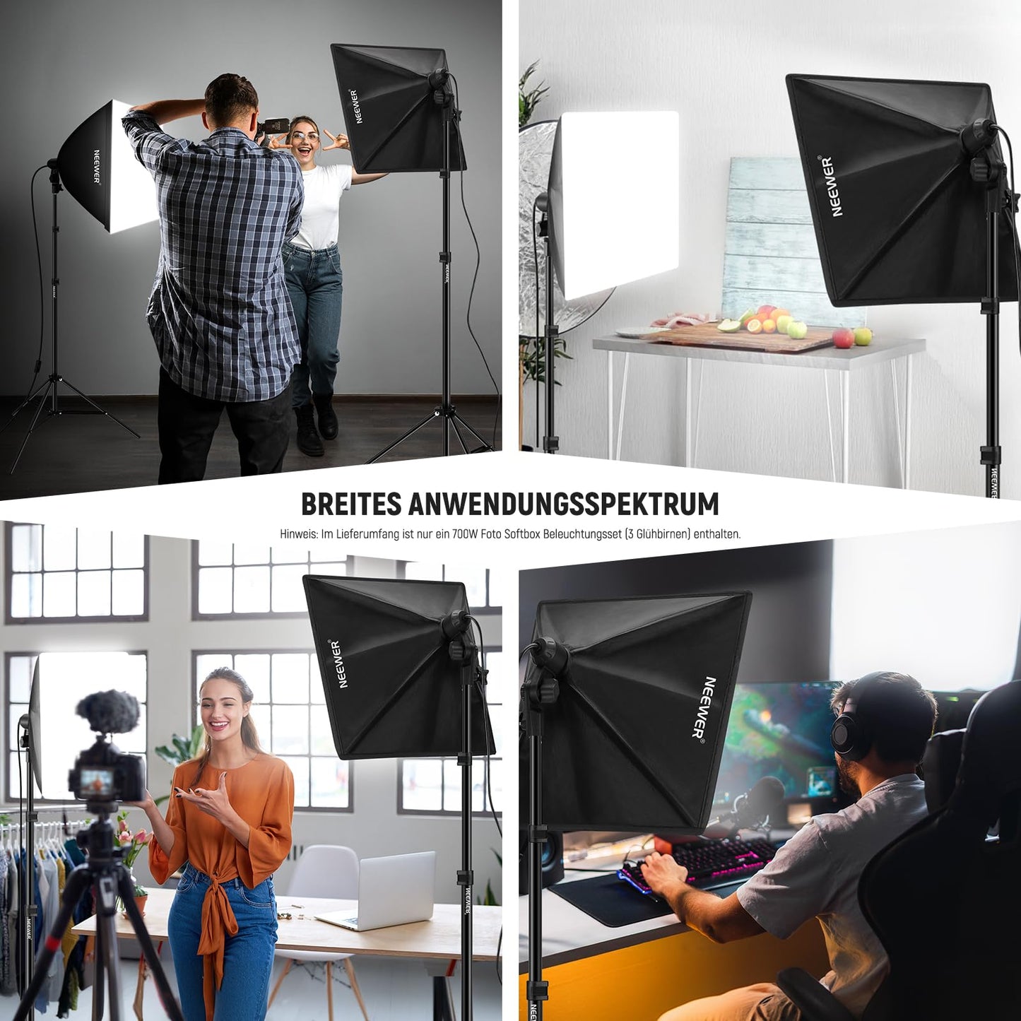 NEEWER softbox lighting set, equivalent to 700W, pack of 3 CE & UKCA certified 5700K LED light bulbs, 24x24 inch softboxes with E27 socket, photography continuous light set, photo studio equipment - 10102773