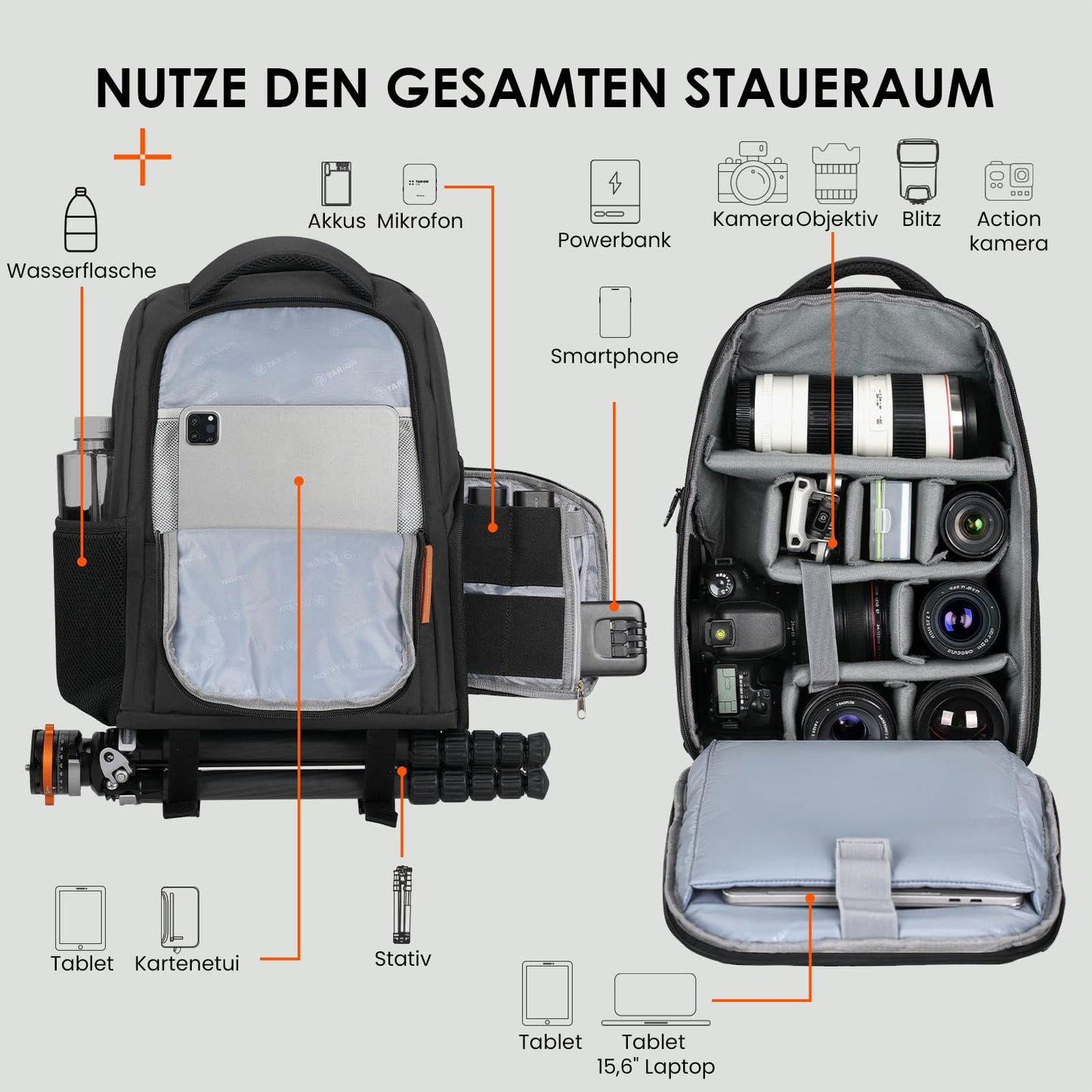 TARION camera backpack lightweight camera backpack with 15 inch laptop compartment black - TB-04