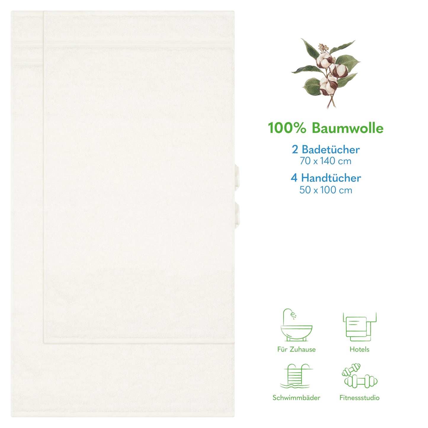 Hammetex set of 6 towels - 2 bath towels 70x140 cm & 4 hand towels 50x100 cm - 100% cotton terry - Oeko-TEX certified - soft, absorbent - with hangers, cream - RN67