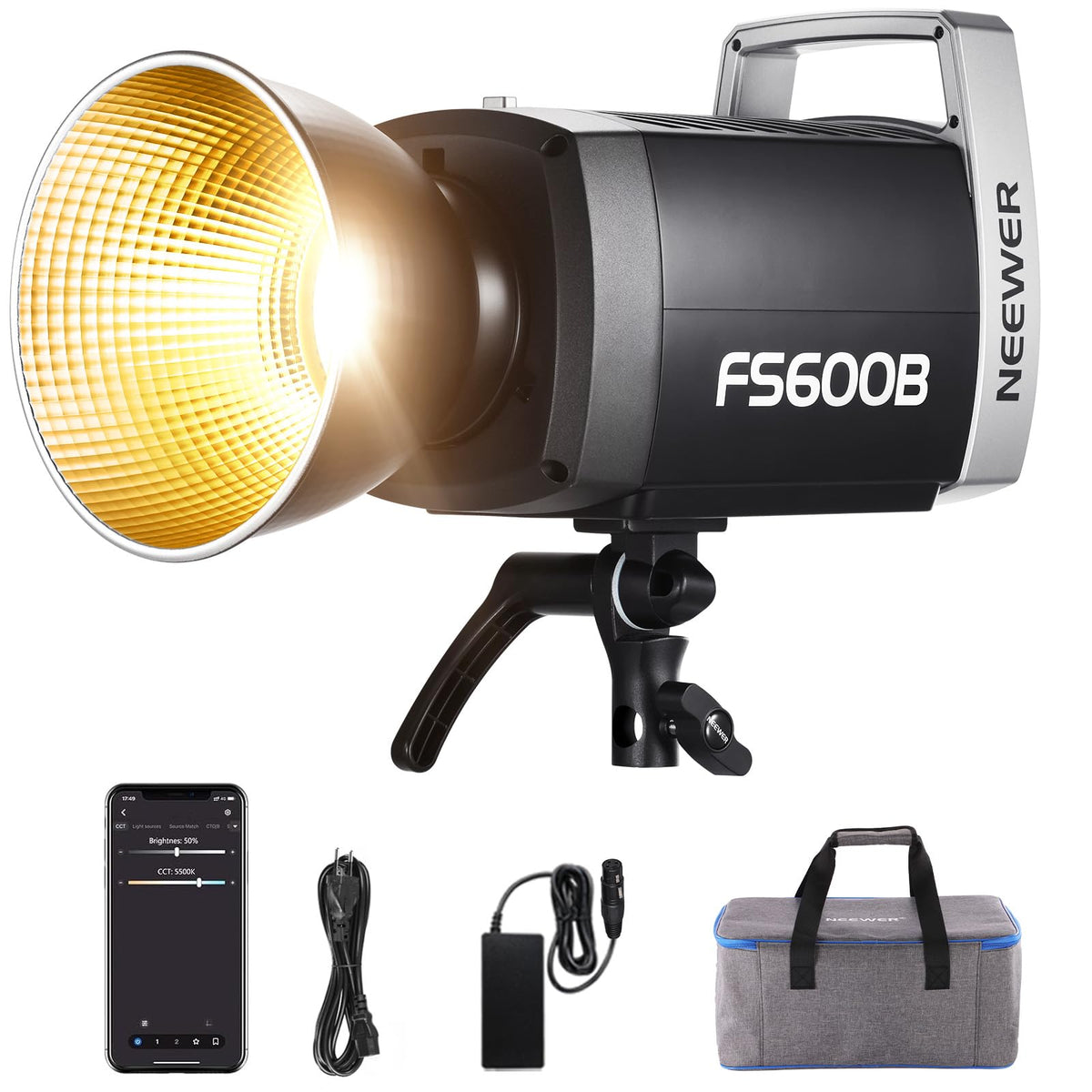 NEEWER 600W LED Studio Video Light 2.4G/APP Control 87100Lux/1m, 2700K–6500K Dual Color COB Continuous Light with CRI95+, 12 Scenes, Bowens Mount, Spotlight for Photography, Streaming, FS600B - 10107308