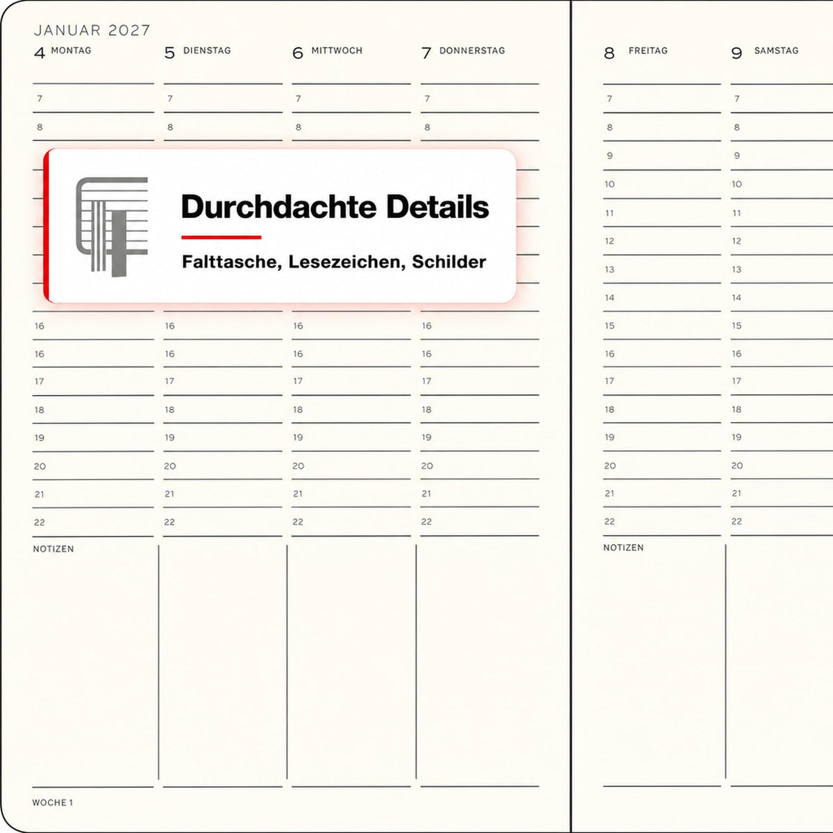 LEUCHTTURM1917 weekly planner 2027 Composition (B5) - German, Dusty Rose, 254 x 178 mm, January-December (12 months), weekly overview with hourly grid 7:00-22:00 per column, hardcover, 80 g/m² paper - 400142