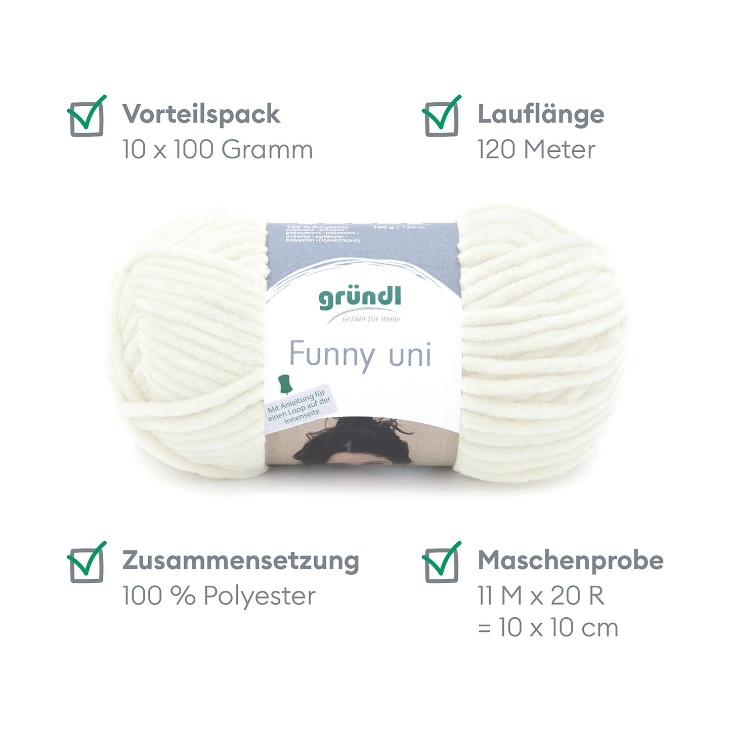 Gründl Wolle Funny uni - soft chenille wool for crocheting - cuddly and skin-friendly - 100% polyester - 10 balls 100 g / 120 m - needle size 5-6, cream - 3442-05