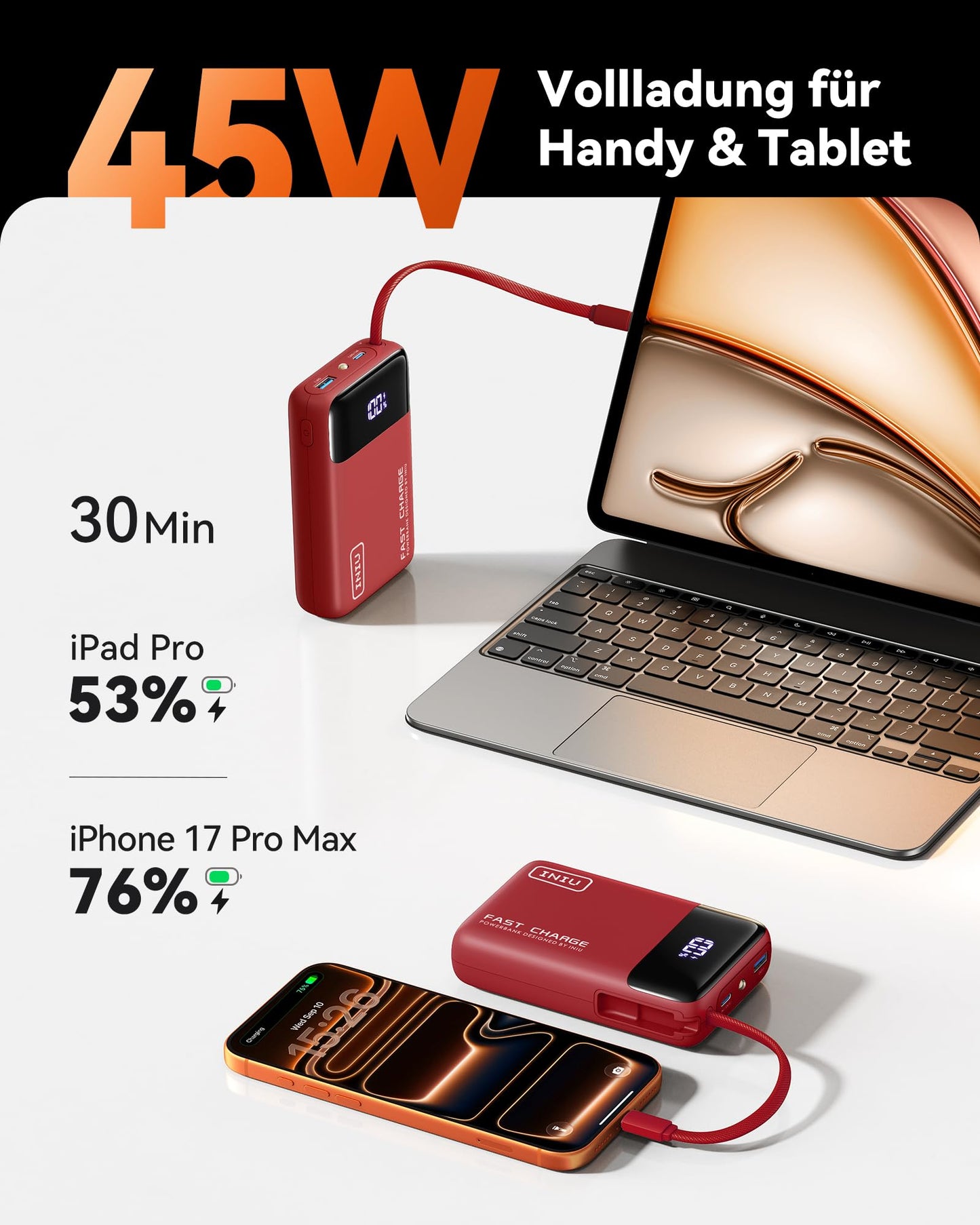 INIU 45W Power Bank, Ultra Small 20000mAh Power Bank with Integrated USB C Cable, Fast Charging External Mobile Phone Batteries, Suitable for Flight, Travel Essential for Commuting, Daily Use, iPhone 17 16, Red - P51L