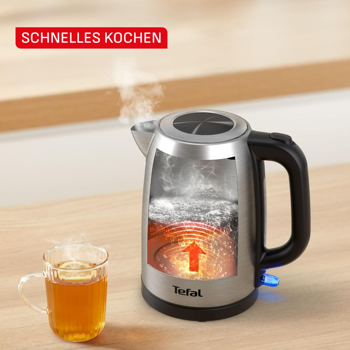 Tefal Fierbător de apă din oțel inoxidabil, 1,7 l, 2200 Watt pentru fierbere rapidă - KI1R0DE0