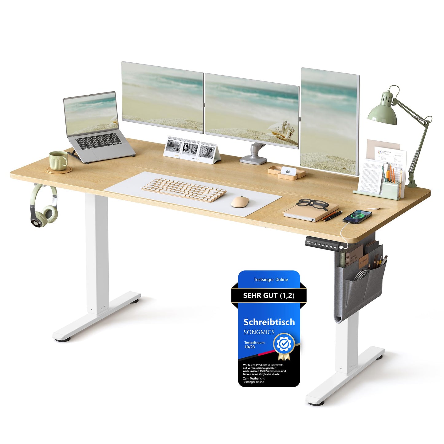 SONGMICS Electric height-adjustable desk, 160 x 70 cm, infinitely adjustable, memory function with 4 heights, golden oak color LSD136Y01 - LSD026X01