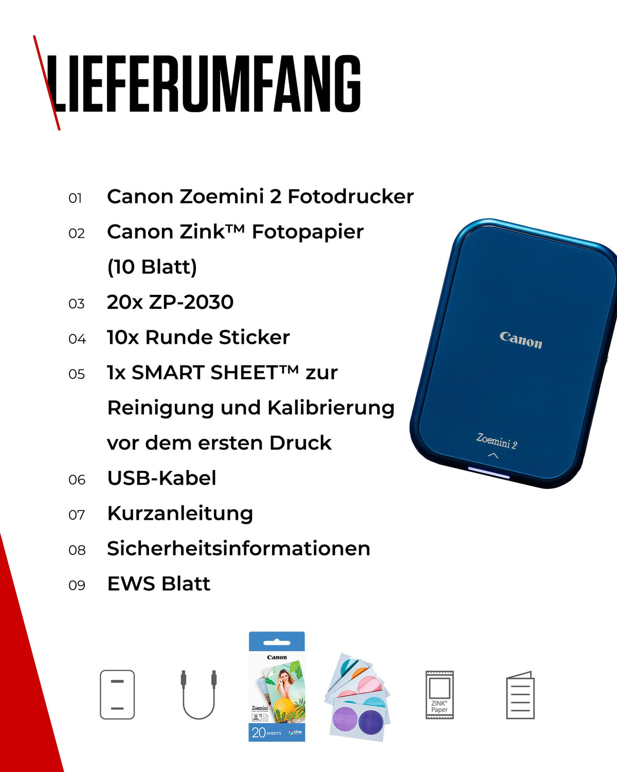 Canon ZOEMINI 2 Mini Photo Printer for Mobile + 20 Pack + 10 Pack Circle Stickers - 5452C008