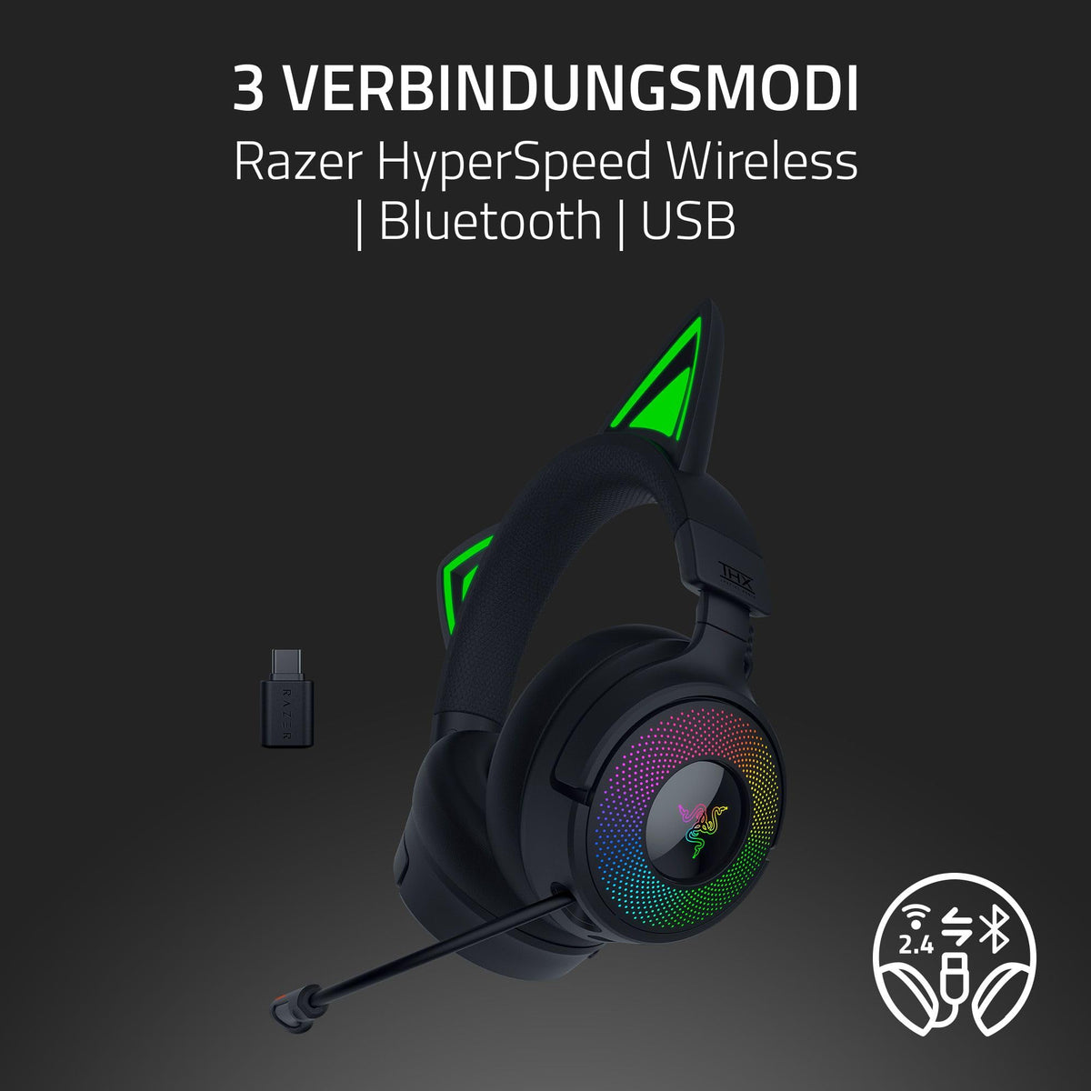 Razer Kraken Kitty V3 Pro - Wireless RGB Kitty Headset for Gaming - Reactive Streaming Cat Ears - Triforce 40mm Drivers - Hyperspeed Wireless & Bluetooth - THX Spatial Audio | Black - RZ04-05170300-R3M1