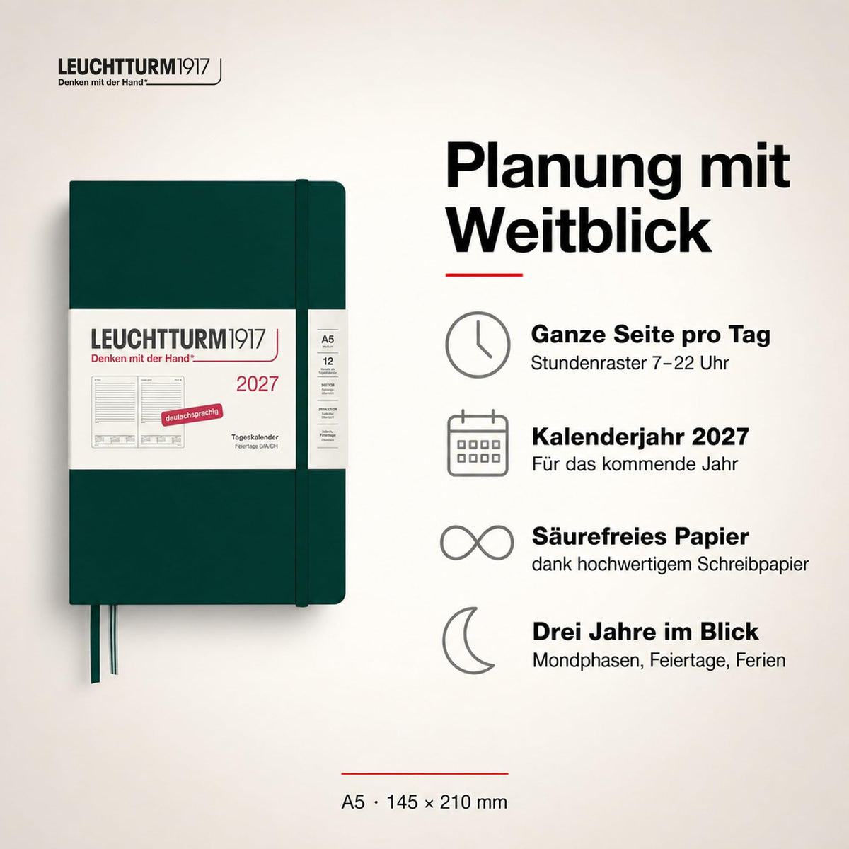 LEUCHTTURM1917 Daily Calendar 2027 Medium (A5) - German, Forest Green, 145 x 210 mm, January-December (12 months), 1 page per day, hourly grid 7:00 a.m. - 10:00 p.m., hardcover, 80 g/m² paper - 400162