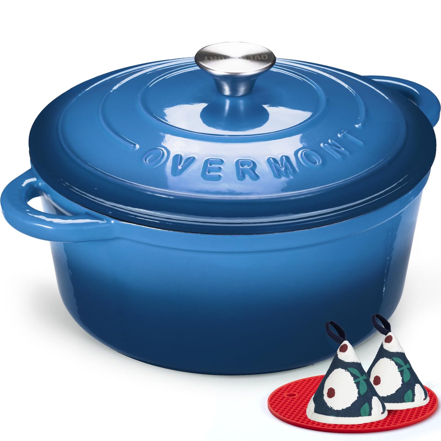 Overmont roasting pan enamel cast iron pot - casserole 28cm oven-safe - with lid and cookbook - for kitchen baking stewing roasting blue - Enamelled