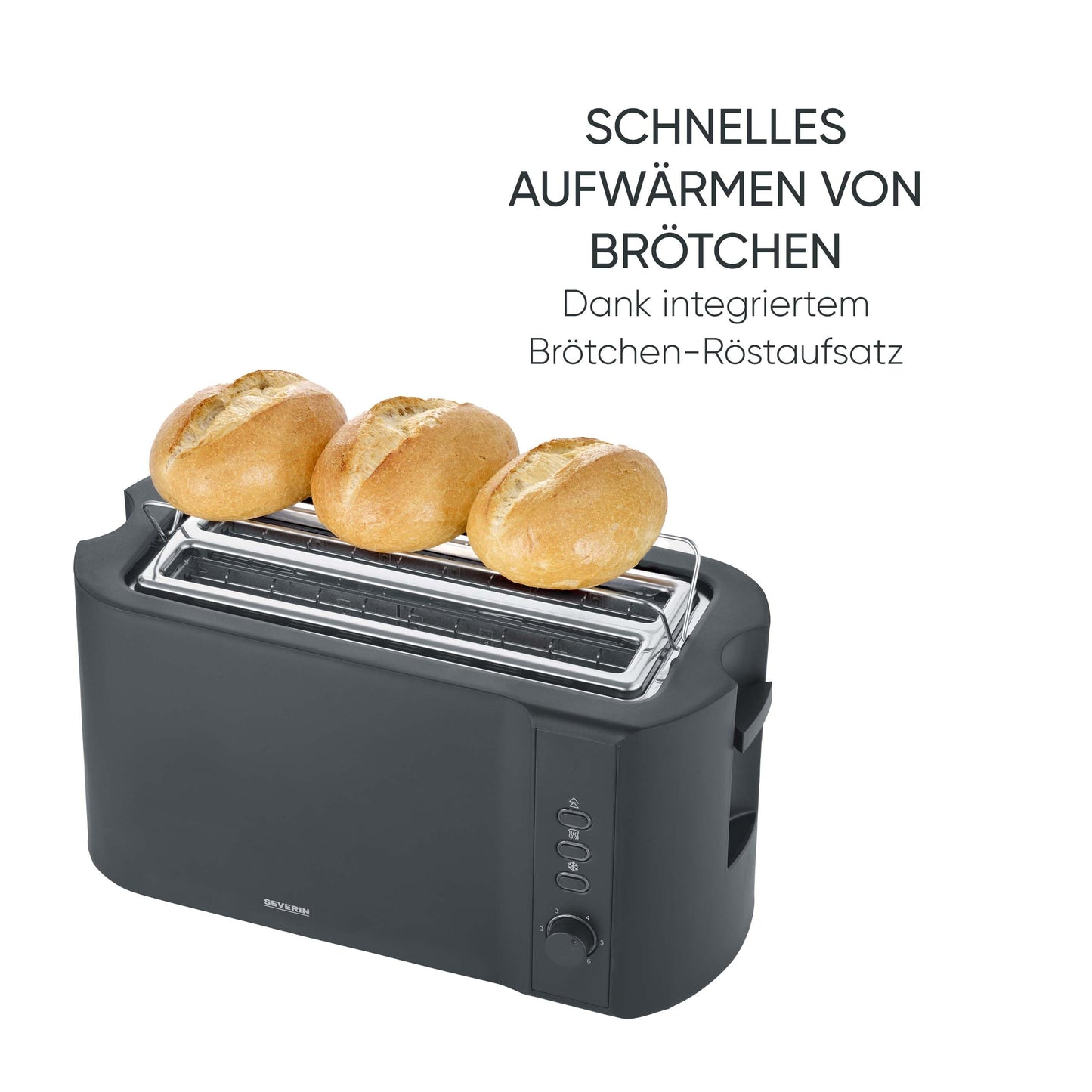 Severin toaster long slot with integrated bread roll attachment, different warm-up levels, 1,400 W, matt black