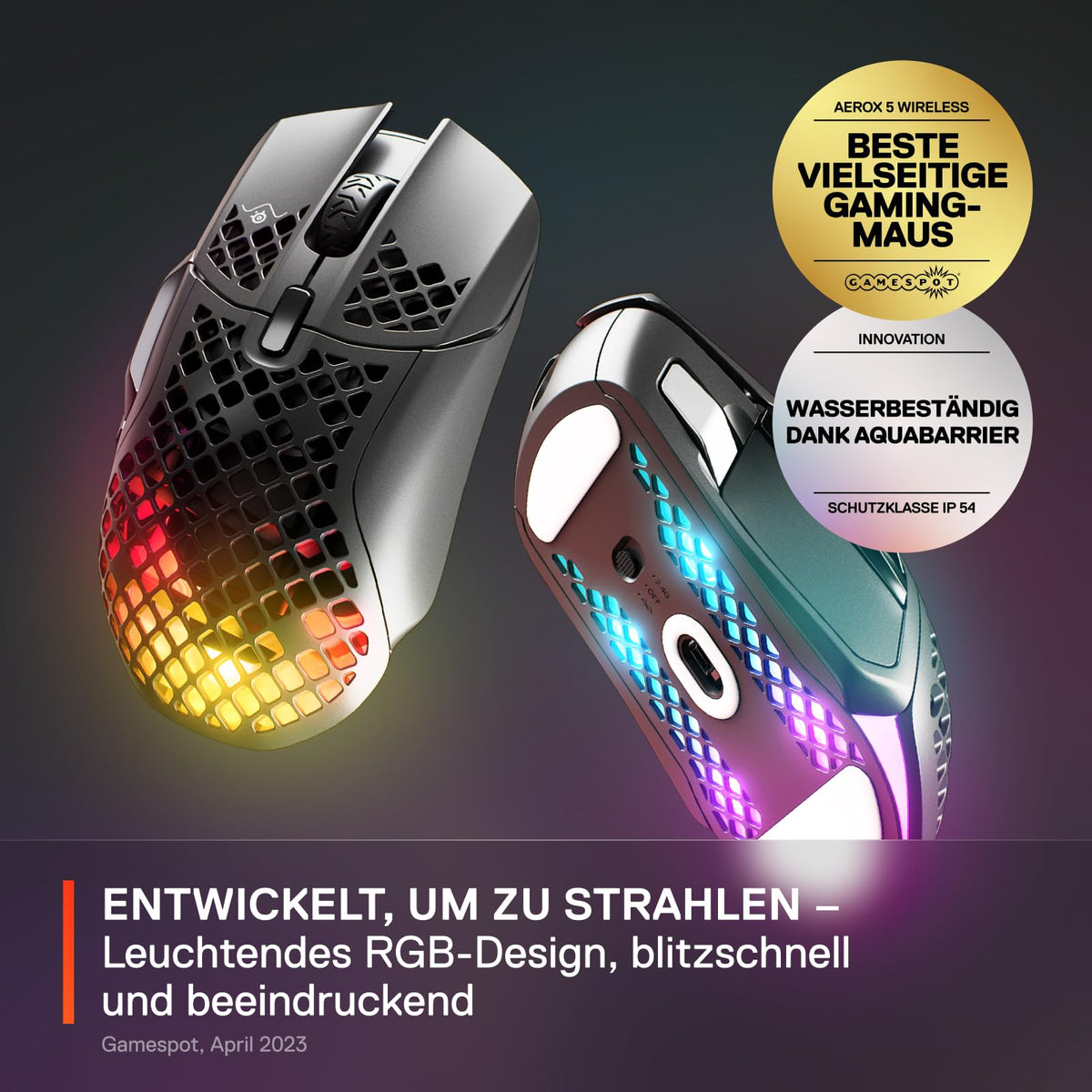 SteelSeries Aerox 5 Wireless – RGB gaming mouse with surface openings – Ultra-lightweight, water-resistant design – 9 buttons – Bluetooth/2.4 GHz – Optical TrueMove Air sensor with 18,000 DPI - 62406