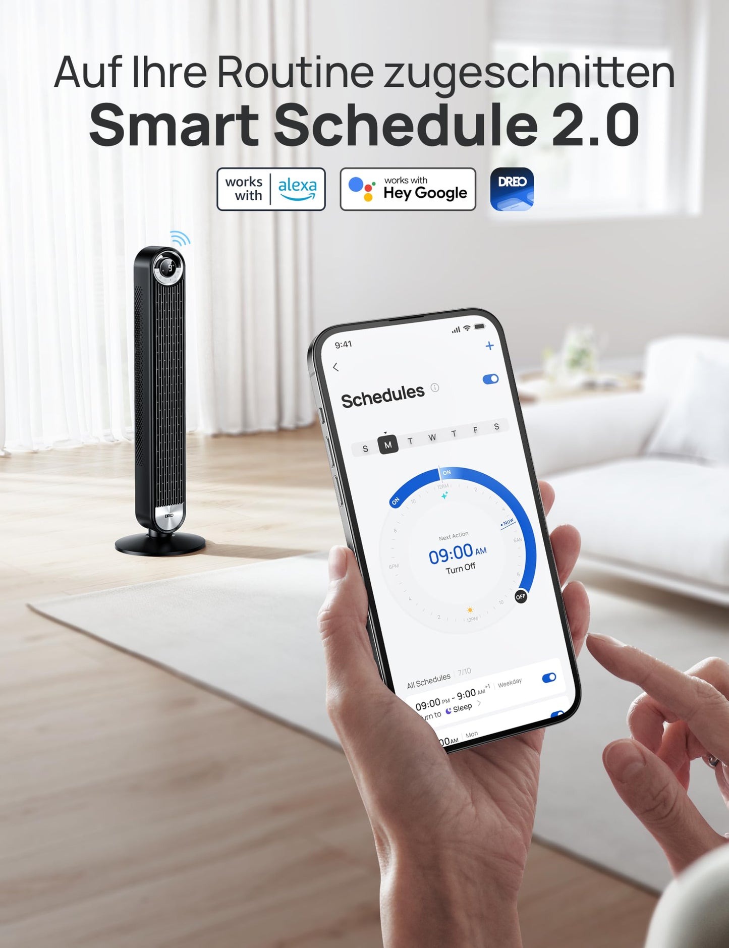 DREO 25 dB Quiet Smart Tower Fan, 106cm Height 4 Modes 9 Speed Max 7.9m/s 12H Timer 90° Oscillating Fan with Remote Control Voice Control Cooling, Cruiser Pro T2S, Black - DR-HTF009S
