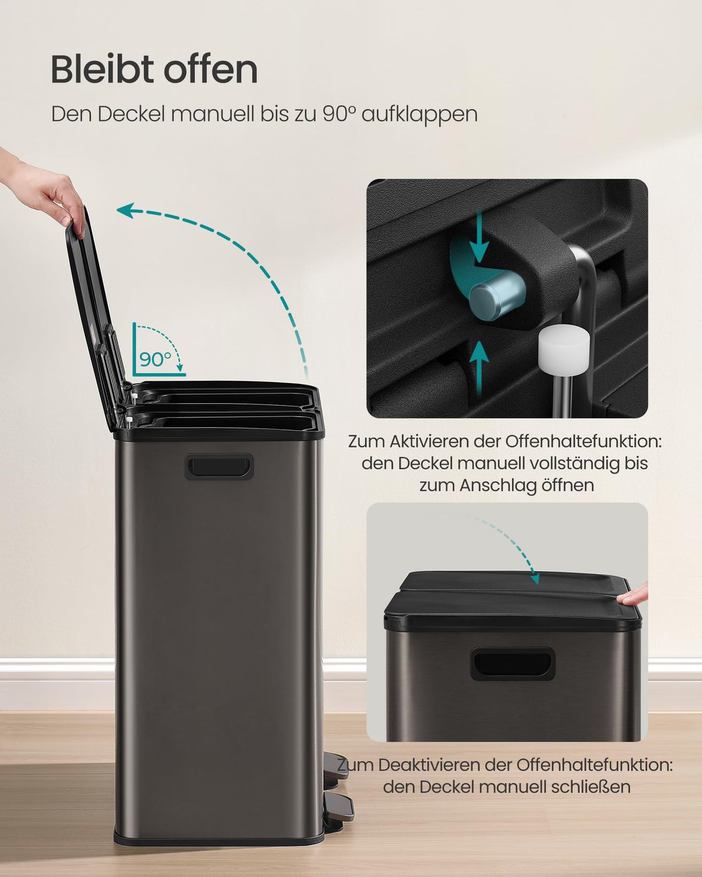 SONGMICS kitchen trash can, 2 x 30 liters, 2 compartments, trash can, pedal trash can, kitchen trash can with soft-close lid and inner bucket, stainless steel, including 15 trash bags, slate gray LTB741G01