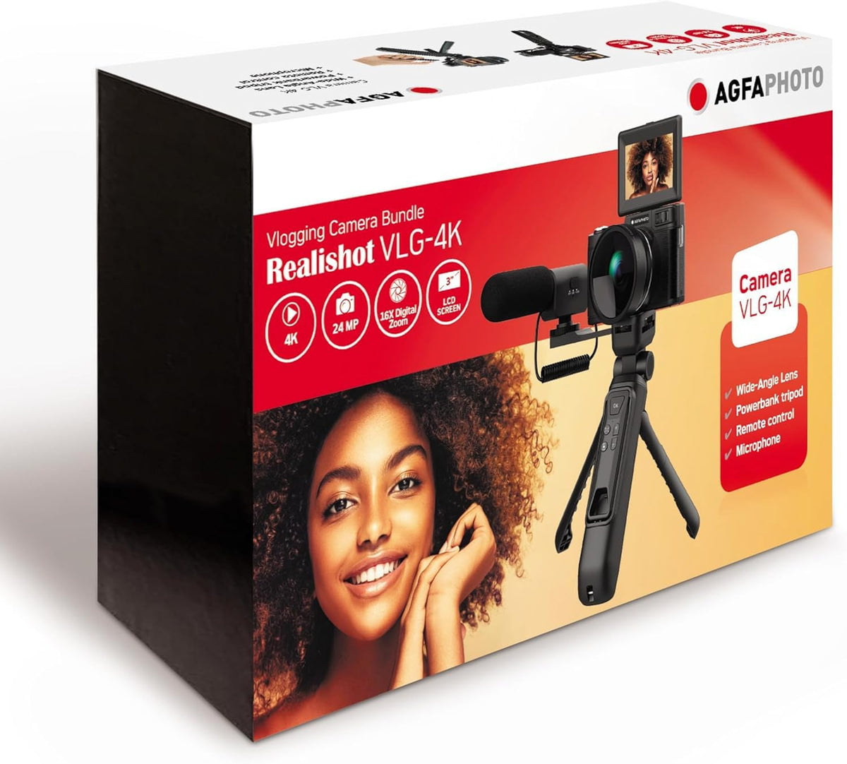 AGFA PHOTO Realishot VLG-4K Vlogging Kit - Cameră de 24MP, video 4K, ecran LCD de 3'', zoom digital de 16 ori, senzor CMOS, baterie litiu - Negru - 3760265543915