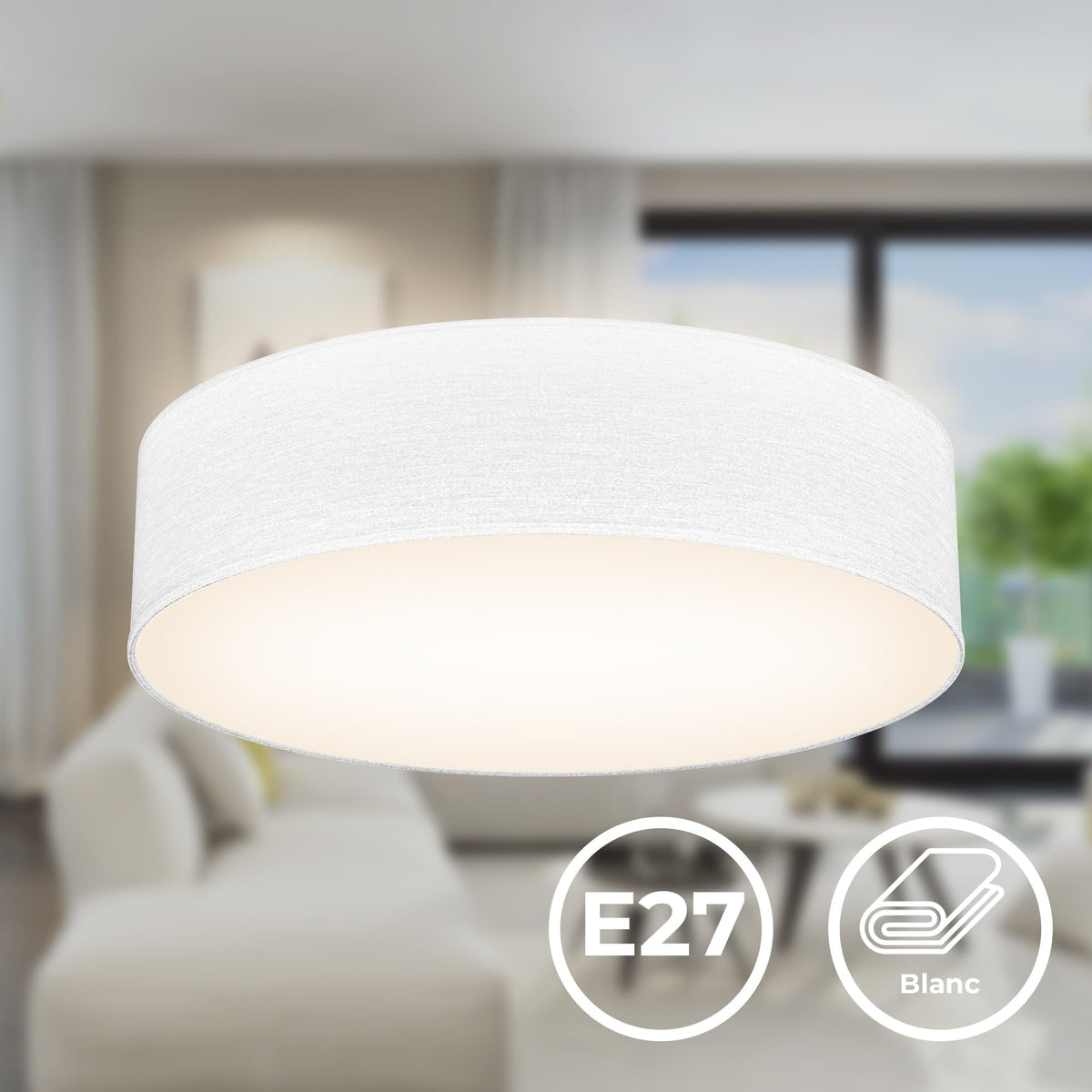 B.K.Licht - Ceiling lamp with fabric lampshade, E27 socket, max. 40 watts, ceiling light, lamp, living room lamp, bedroom lamp, kitchen lamp, ceiling lighting, 38x10 cm, white - BKL1218