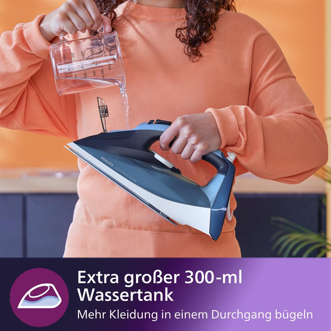 Philips Azur 7000 Series Steam Iron - 2800 W, 50 g/min continuous steam, 250 g steam boost, vertical steam, SteamGlide Plus soleplate, Louros/Light Blue (DST7020/20)