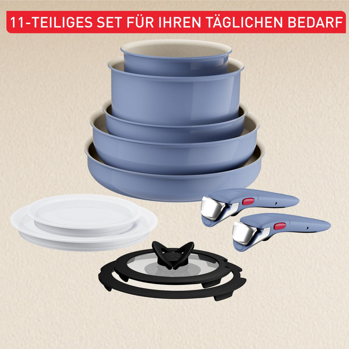 Tefal Ingenio Serenity Cookware Set 11-piece – stackable and space-saving set made of aluminum, Mineralia non-stick coating, removable handle, suitable for all types of cooktops including induction, Blue Salt. - L829SB04